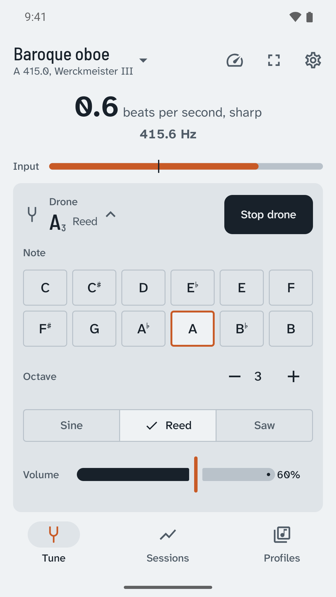 Tune screen with a reed drone on A3 playing and the readout showing 0.6 beats per second, sharp, at 415.6 Hz