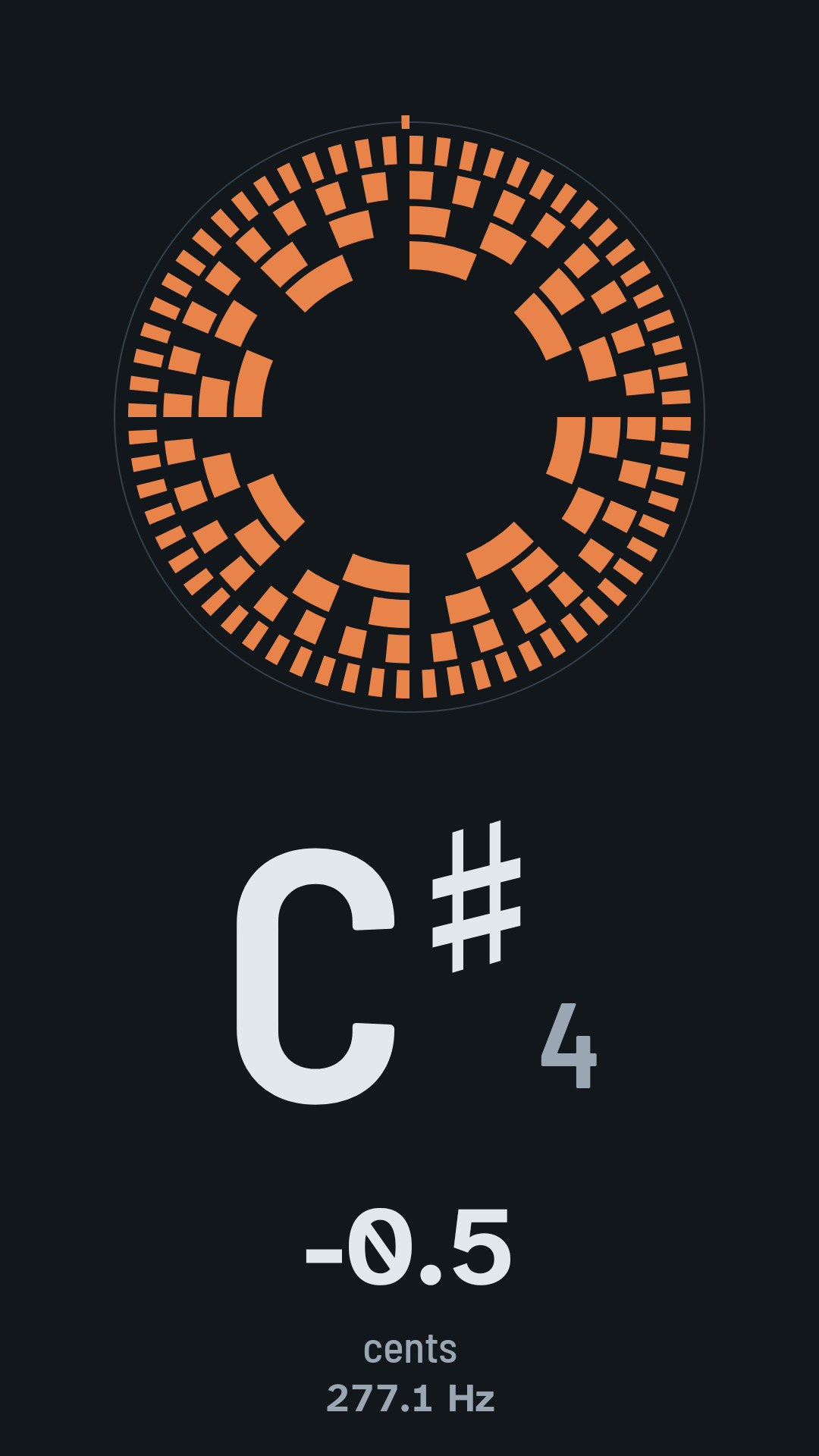Stand mode in dark mode on the Harmonium profile: the strobe disc fills the width above a large C sharp 4 at -0.5 cents, 277.1 Hz