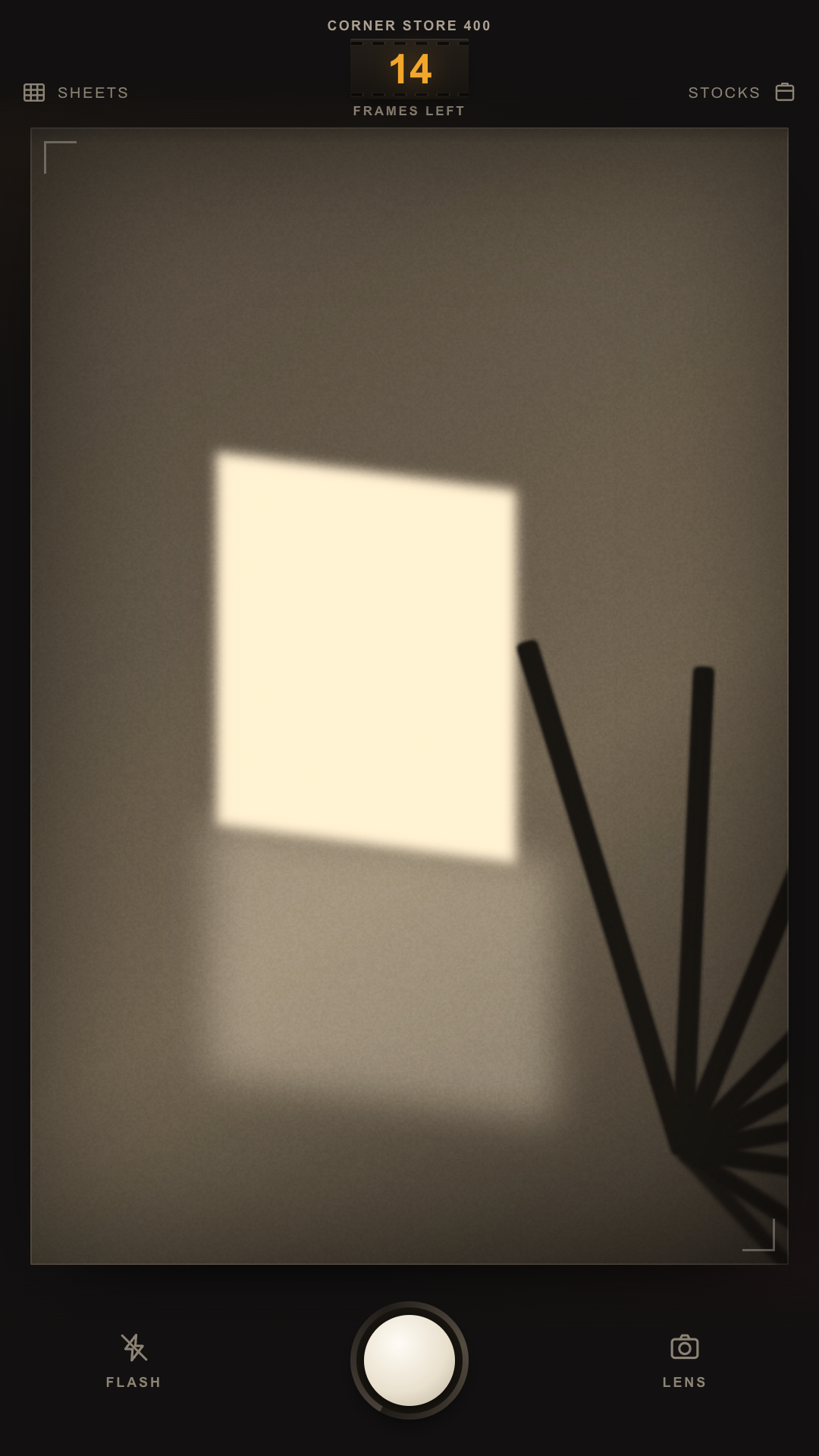 The camera screen: a viewfinder with the film stock and fourteen frames left printed above it.
