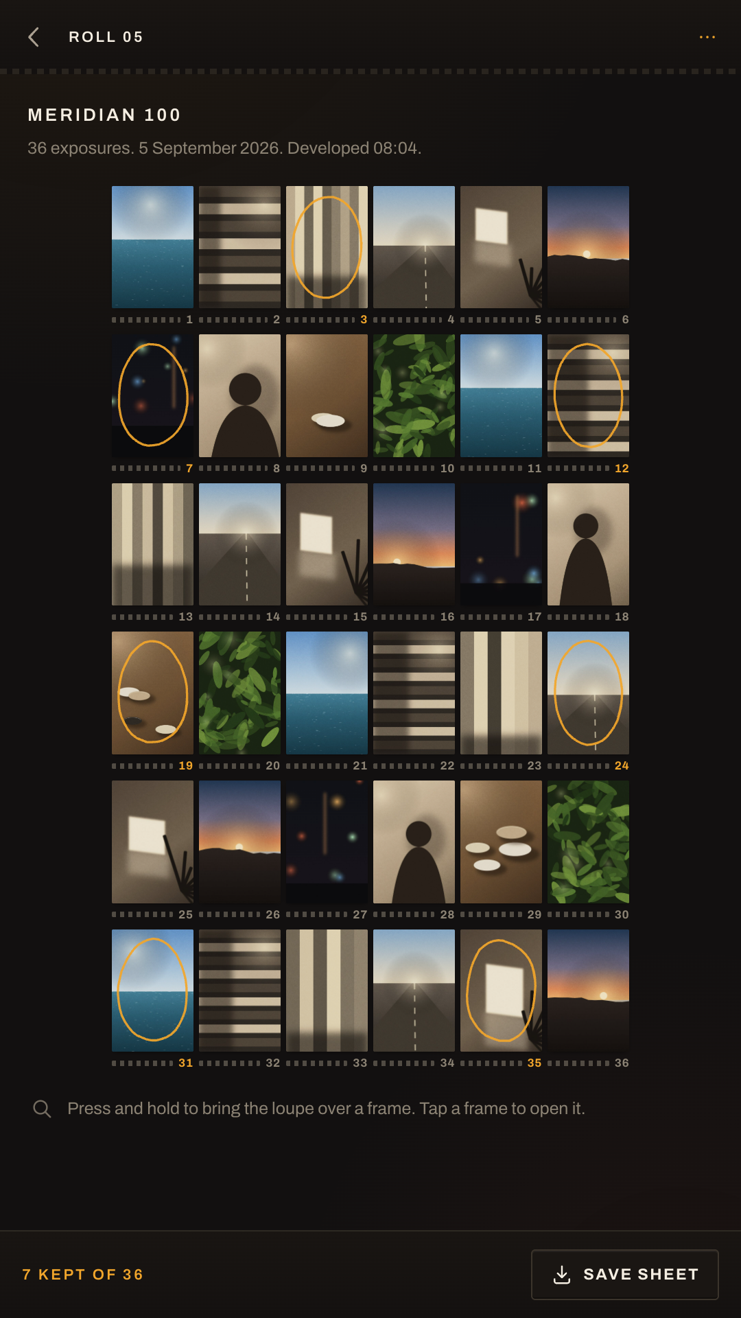 A developed contact sheet: thirty-six frames in six strips with frame numbers, several circled in orange.