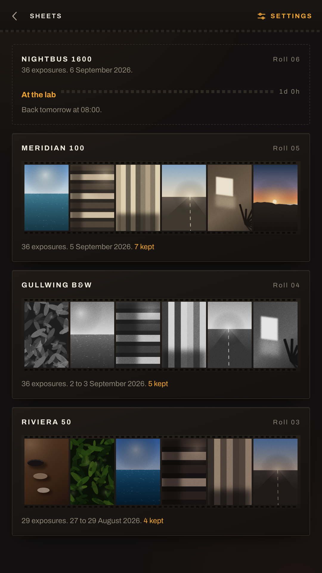The archive of sheets, with one roll still at the lab and a countdown to the morning.