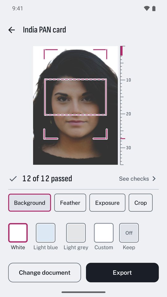 Cropmark sizing an India PAN card photo: magenta brackets at crown and chin, an eye band and a millimetre ruler, 12 of 12 checks passed