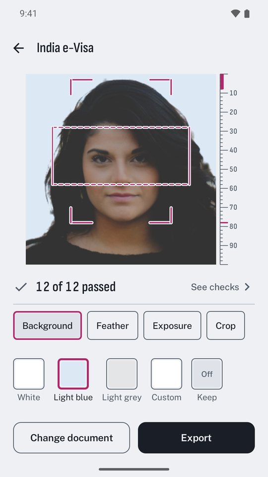 A passport photo with the background replaced on the phone