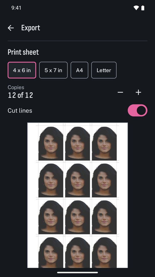 A 4 by 6 inch print sheet with twelve 25 by 35 mm photos and cut lines, in dark mode