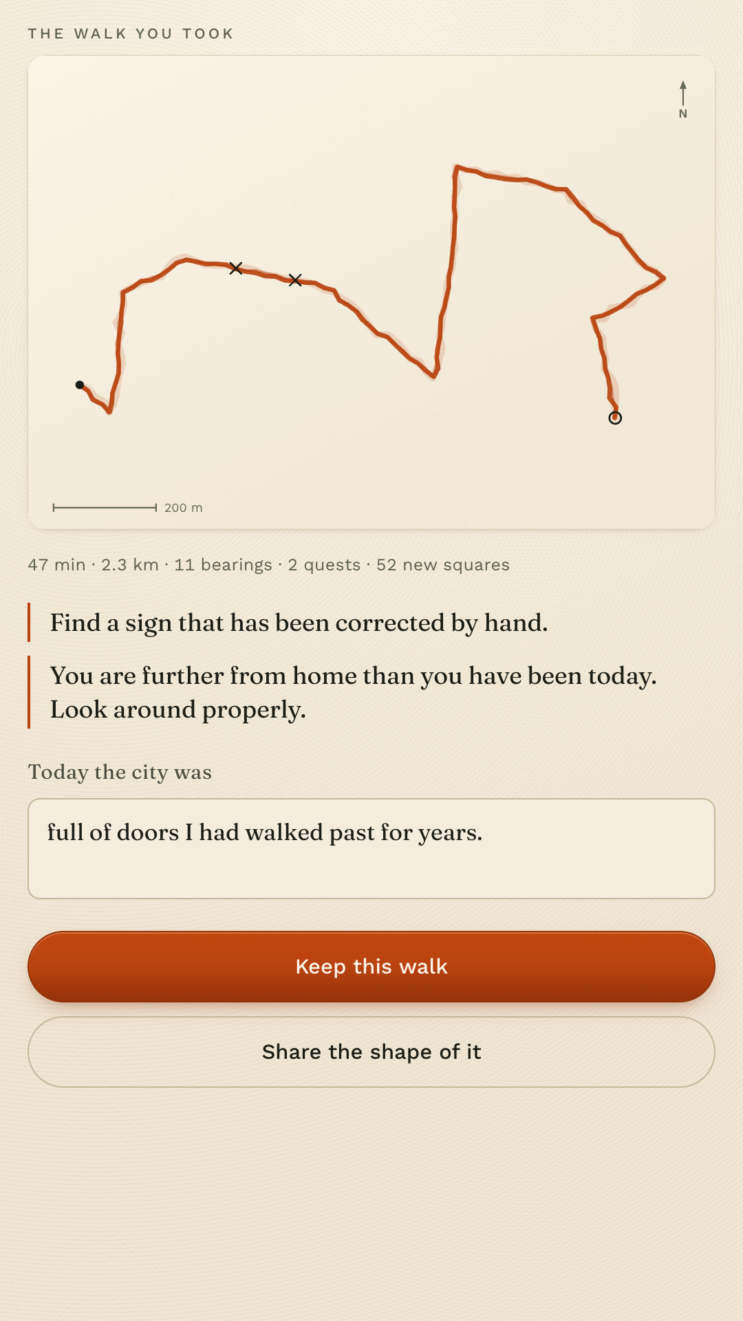 The finished walk: the route drawn as an ink sketch on cream paper with two quest marks on it.