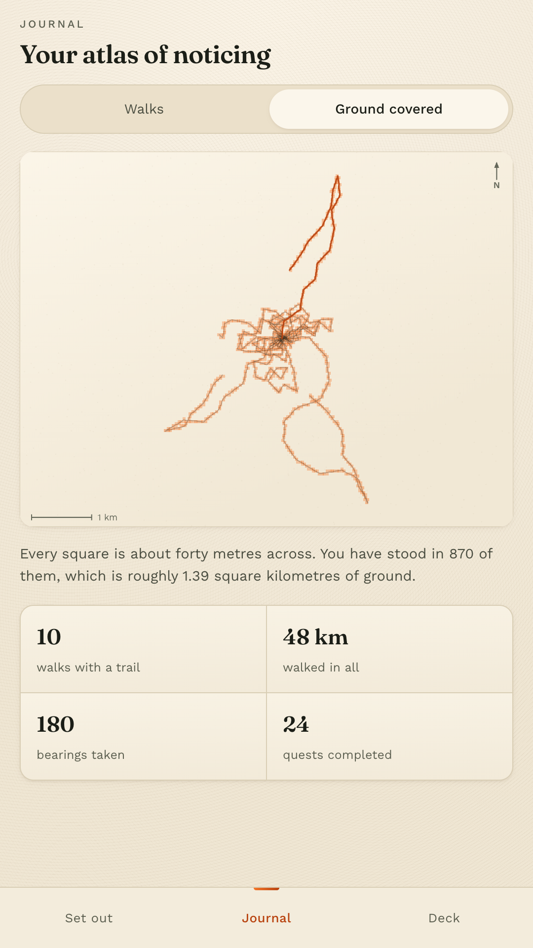 The ground covered map: every forty metre square you have stood in, shaded tangerine, with the walks drawn over them.