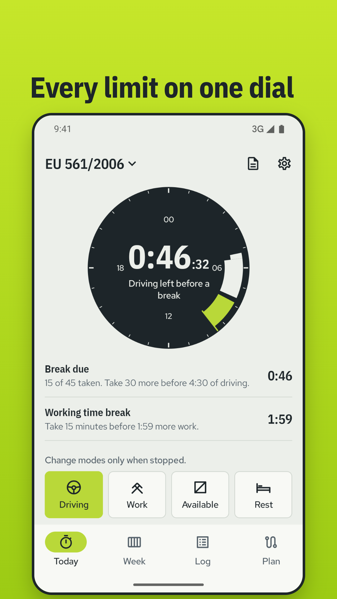Dutyclock's Today screen: the Day Disc showing driving left before a break, with the limits listed below