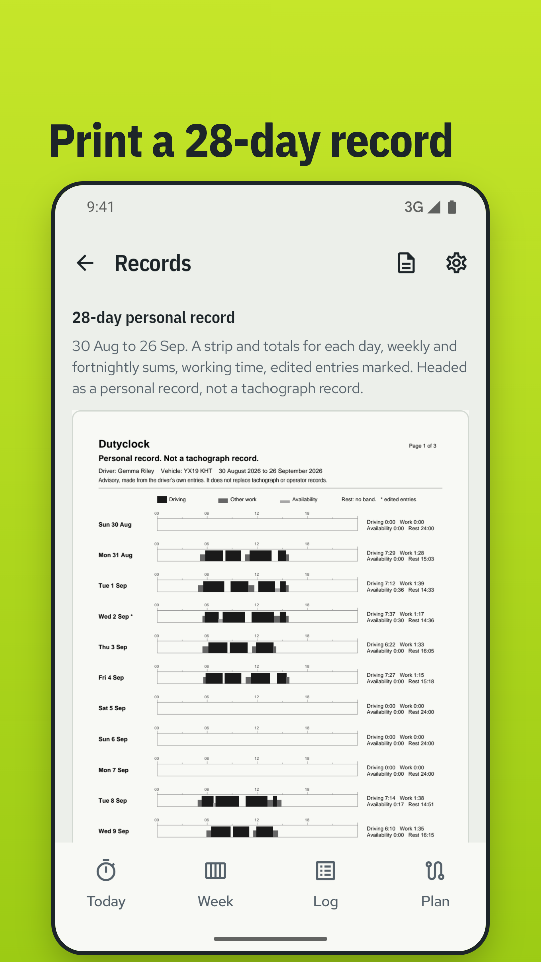 The Records screen with the 28-day PDF preview
