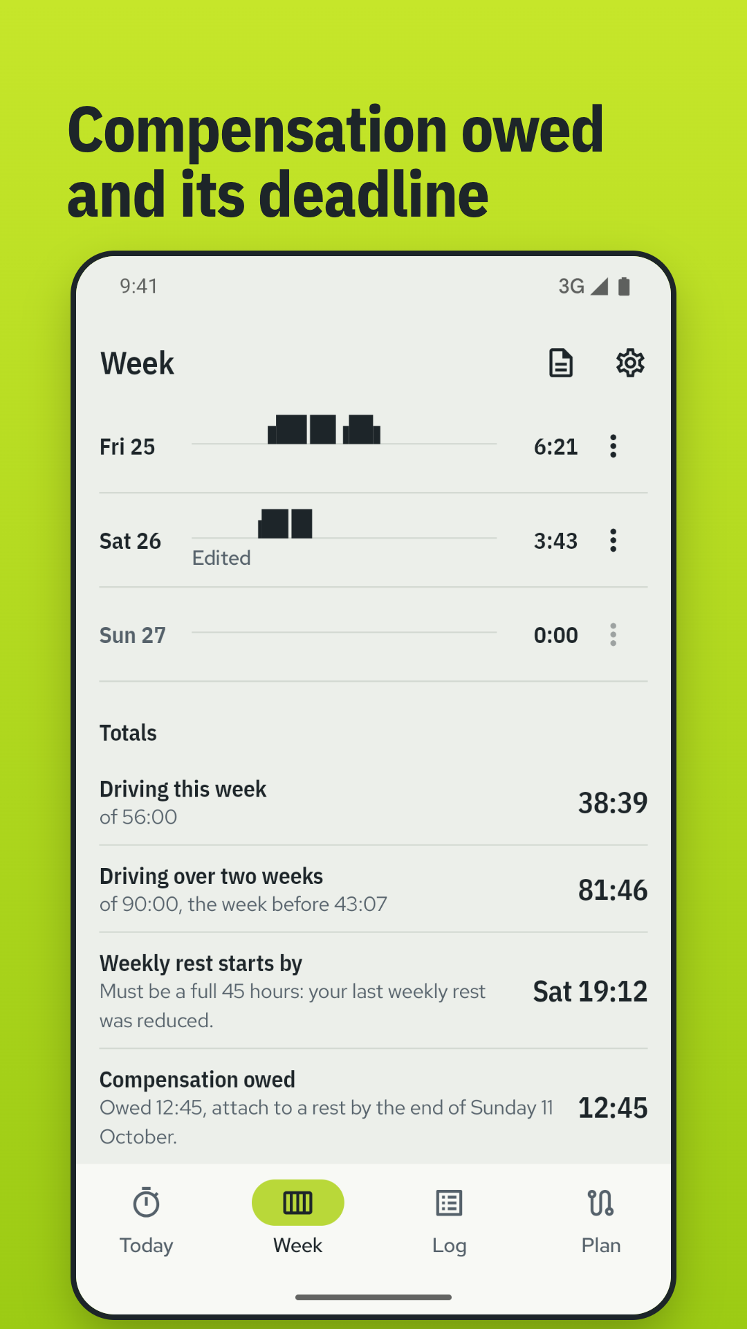 The Week screen with weekly totals and the compensation owed after a reduced weekly rest