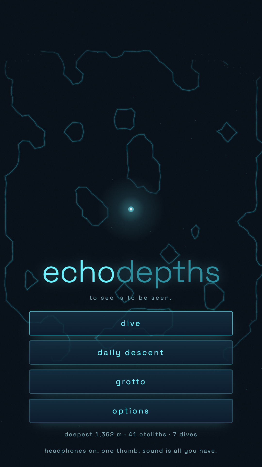 Title screen: a lamp hangs in a cave and a ring of sound has lit the walls around it, above the word echodepths and four menu buttons