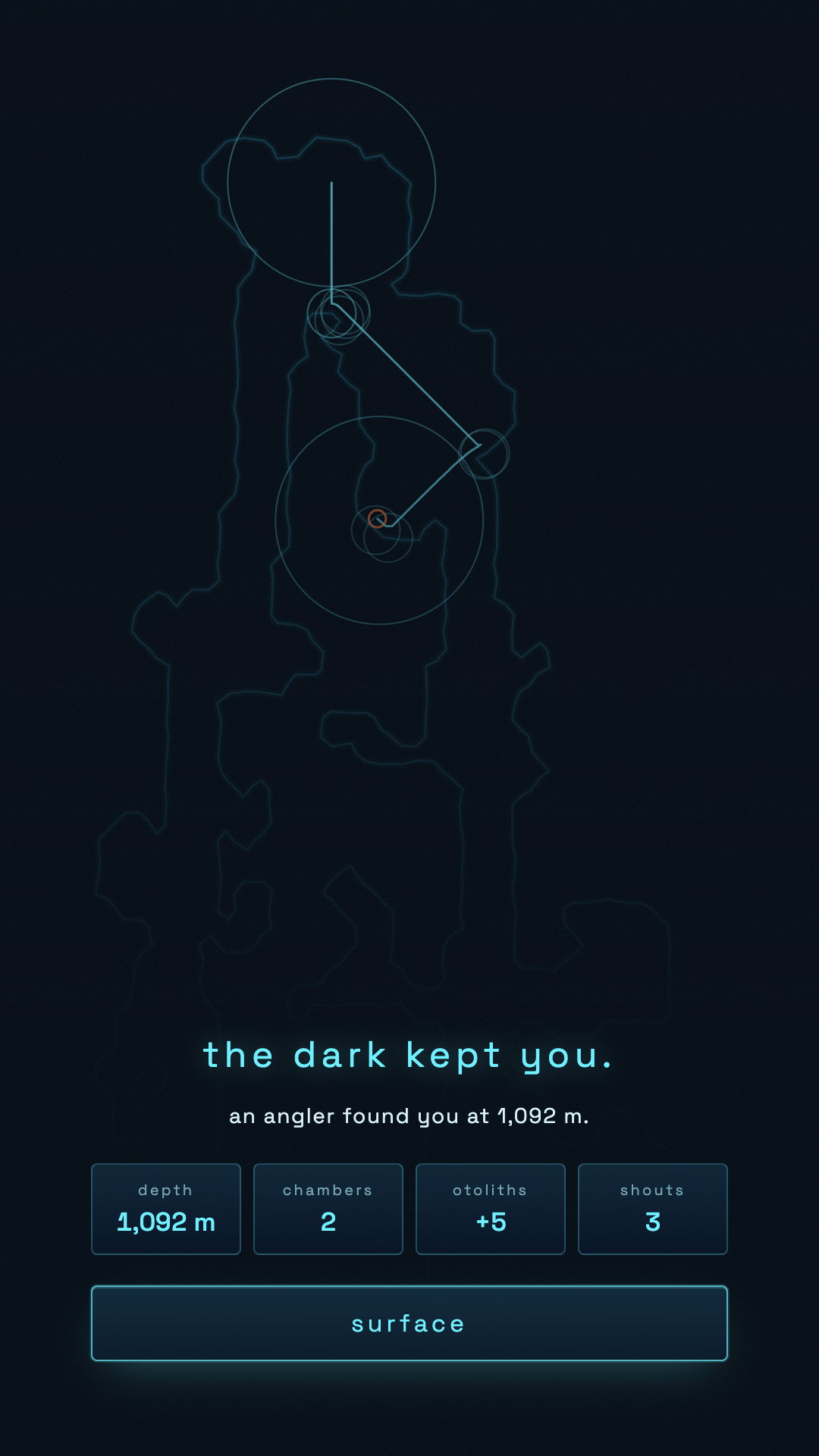 The death screen: the sonar art of the run, the path you swam and every sound you made, above the run's numbers