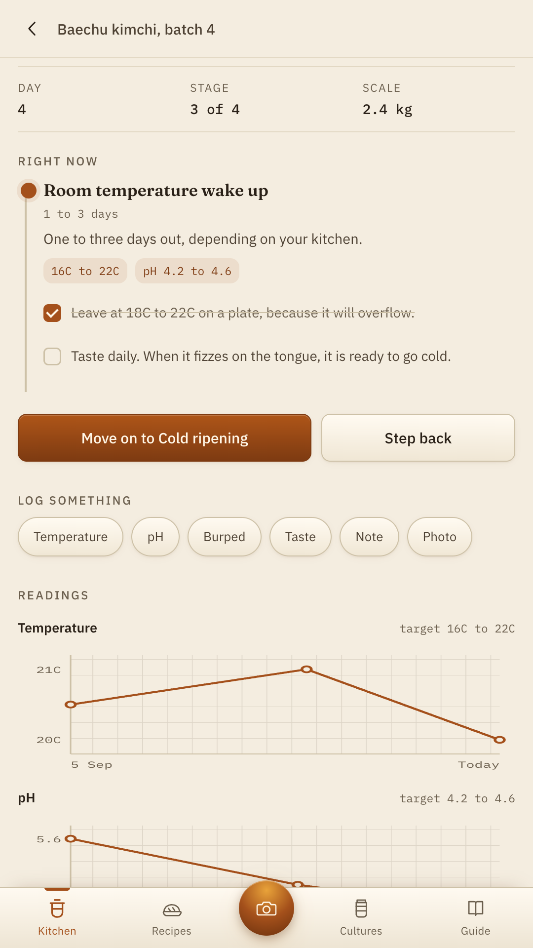A kimchi batch on day 4, stage 3 of 4, with its current stage tasks, target ranges, and temperature and pH charts drawn on grid paper.