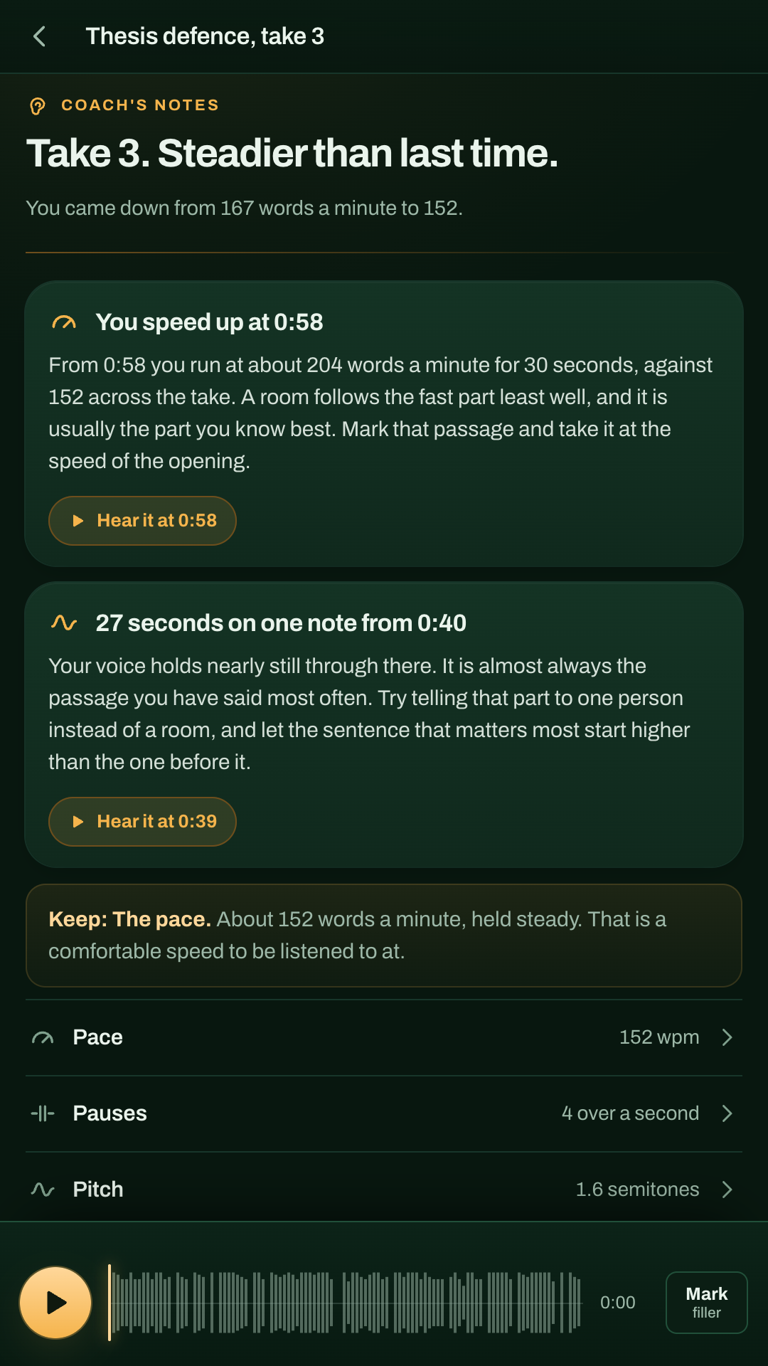 Coach's notes after a take: two specific priorities, each with a button that plays the moment.