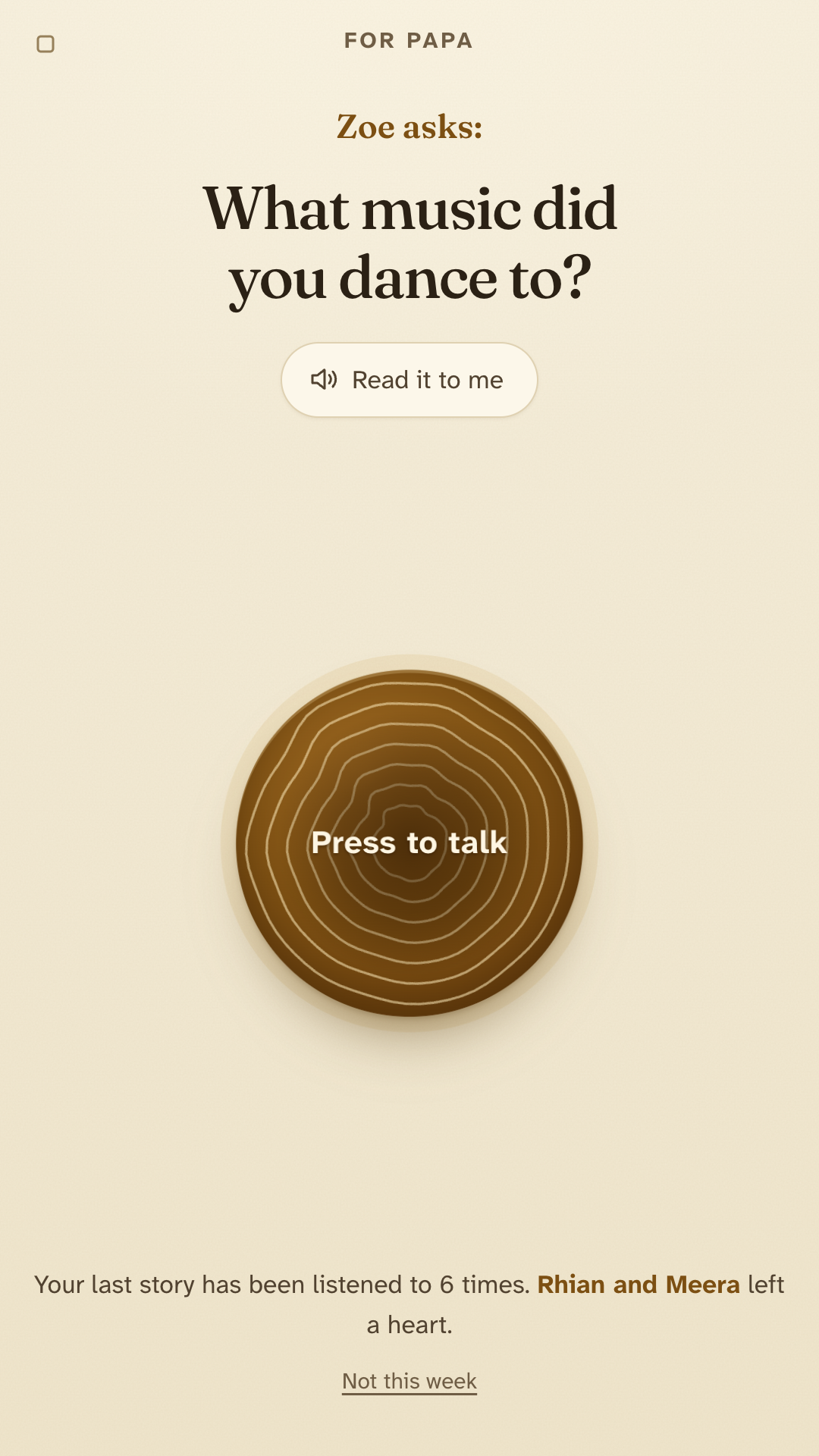 Elder mode: one question in large type and a single record button.