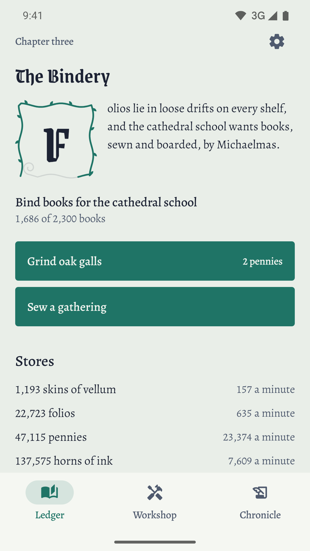 The ledger in chapter three, The Bindery, with a vine growing around the letter F