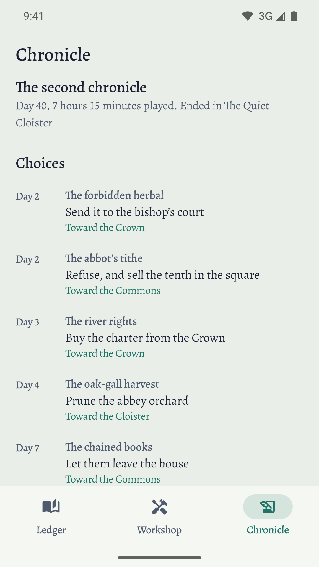 The chronicle of a finished second run, listing each choice and where it leans