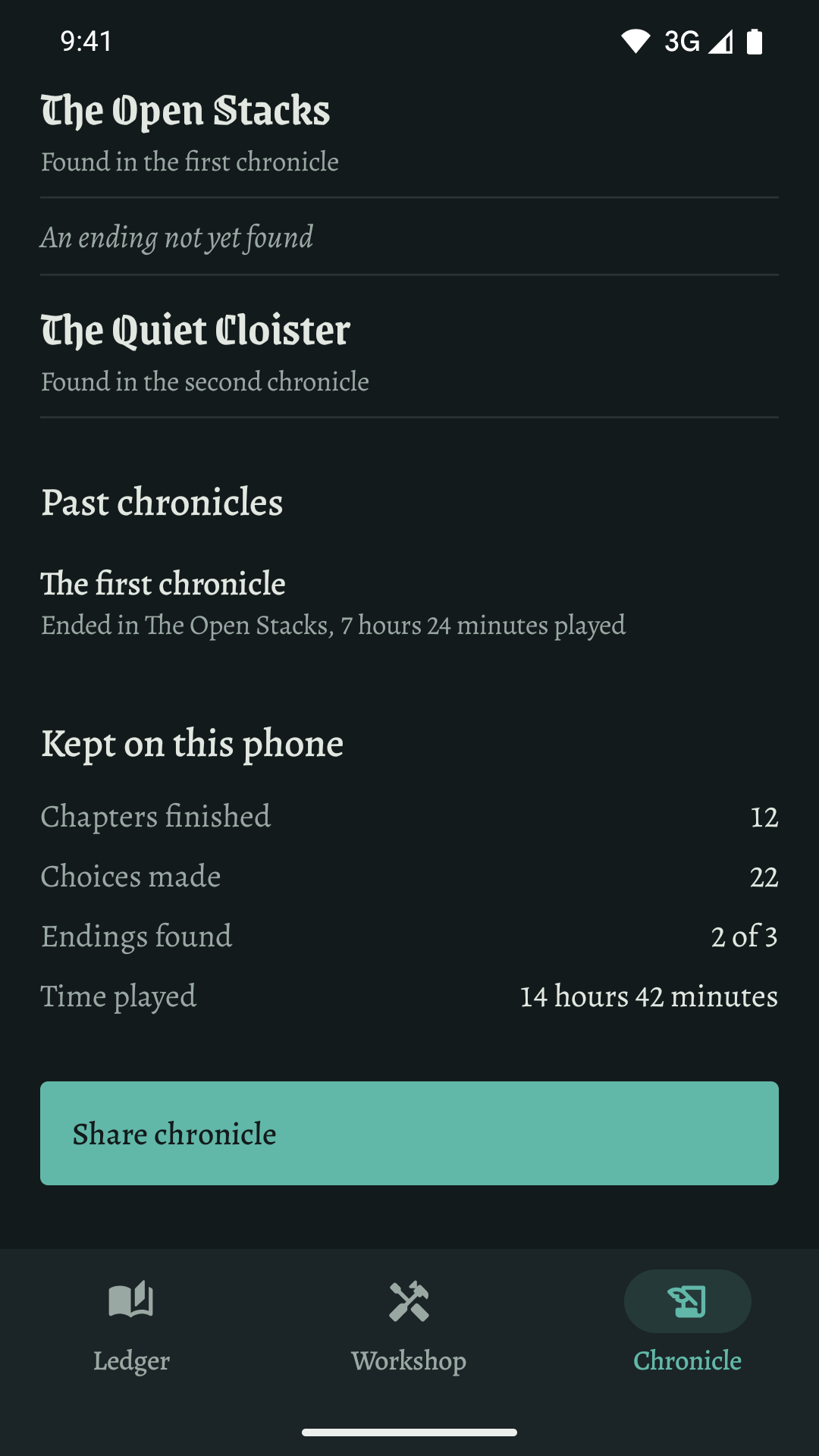 The chronicle in the dark theme with two of the three endings found