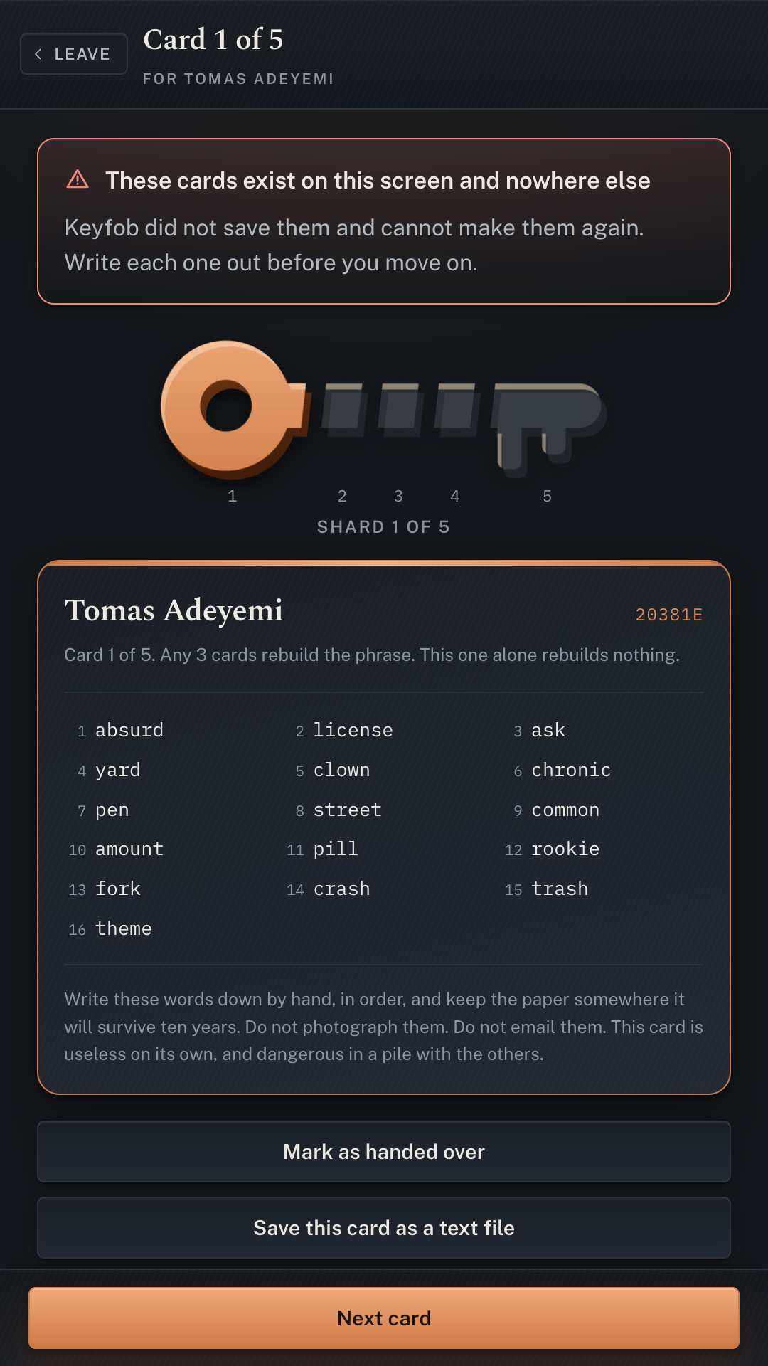 A guardian card written out in BIP-39 words with its number, threshold and checksum.