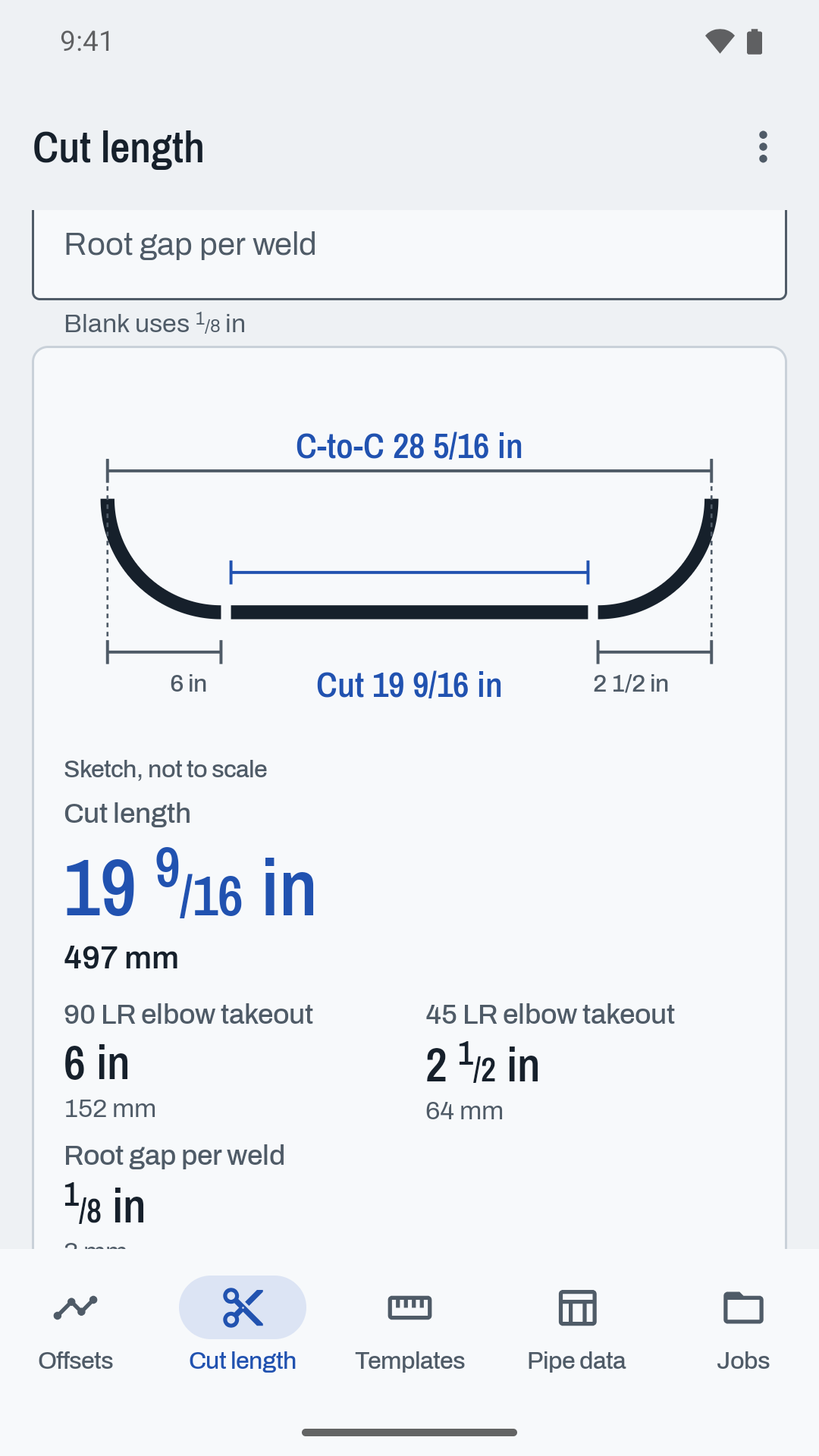 Cut length screen showing a cut of 19 and 9 sixteenths inches after a 6 inch and a 2 and a half inch takeout and two root gaps