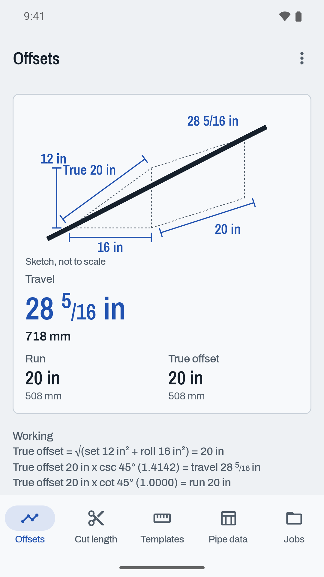 Rolling offset screen showing a true offset of 20 inches and a travel of 28 and 5 sixteenths inches with its working