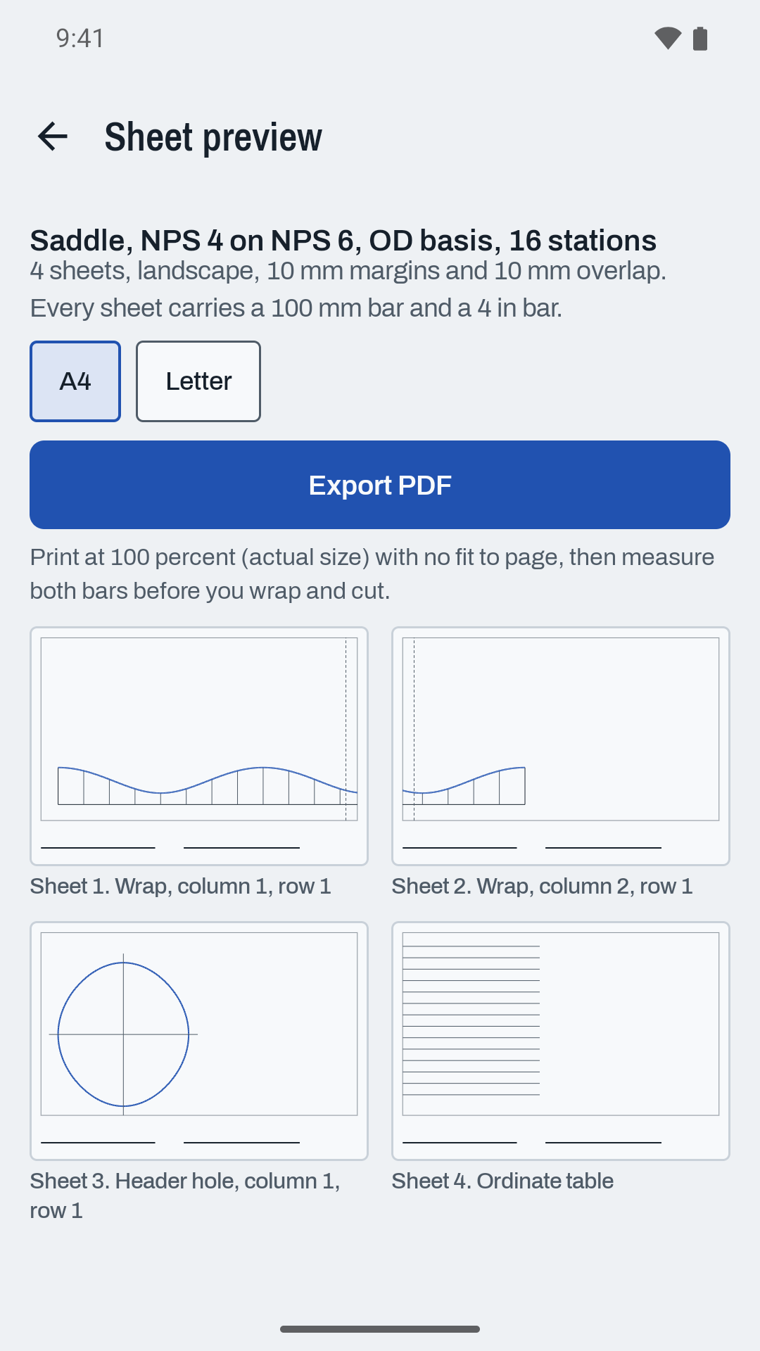 Sheet preview showing four template pages with calibration bars