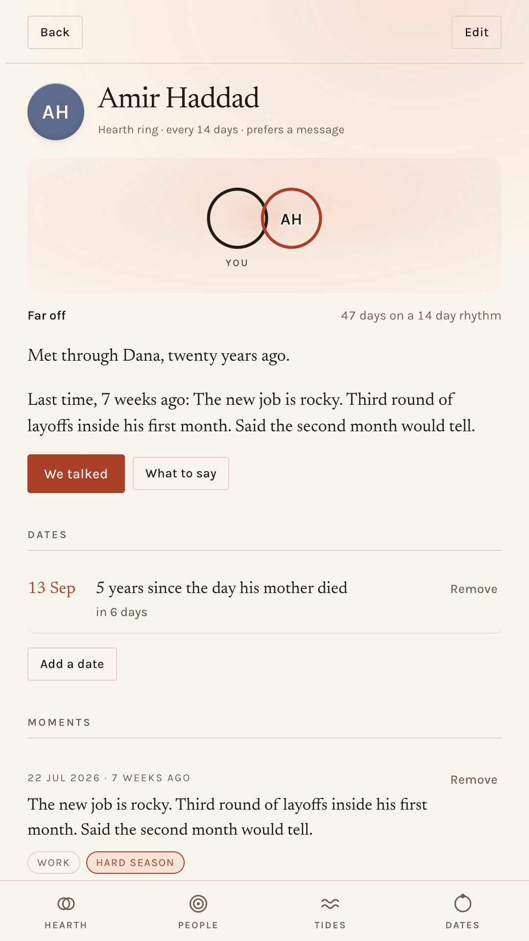A person page: the two rings drawn apart, the warmth line, what was said last time, an upcoming date, and a timeline of moments.