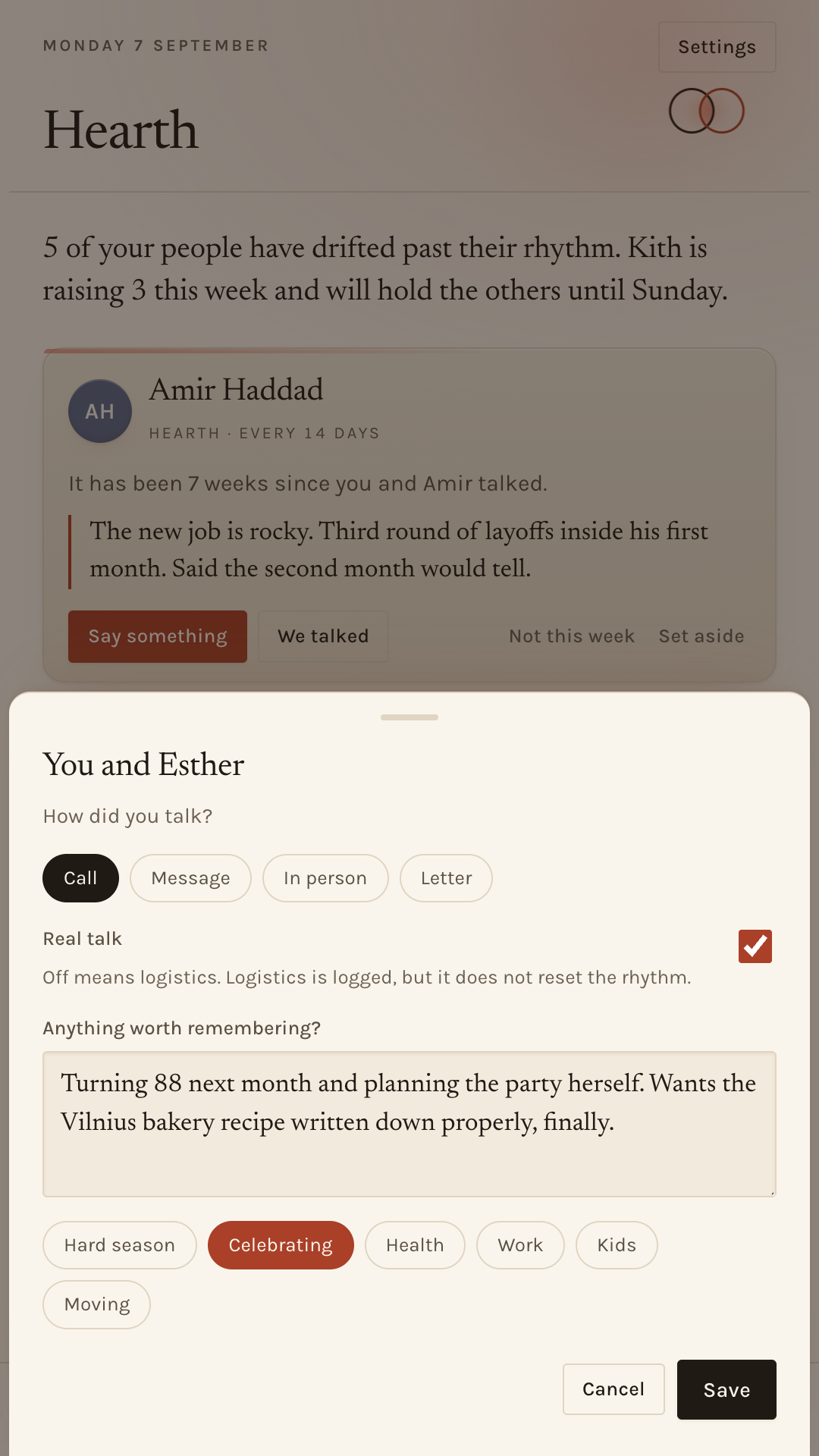 The logging sheet: how you talked, a real talk toggle, a free text line, and tags.