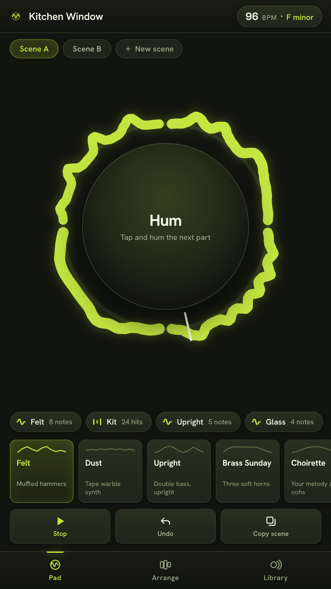 The Loopwright pad, ringed by a chartreuse waveform cut into four layer segments, in F minor at 96 beats a minute