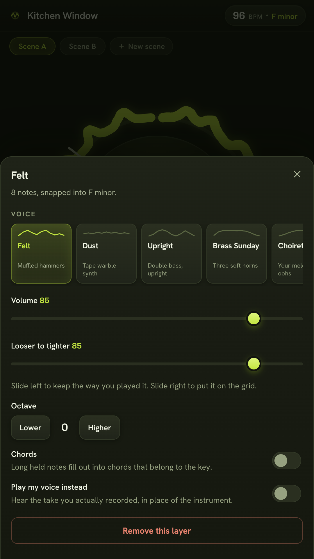 The layer sheet showing the voice carousel, volume, a looser to tighter slider and the compare toggle