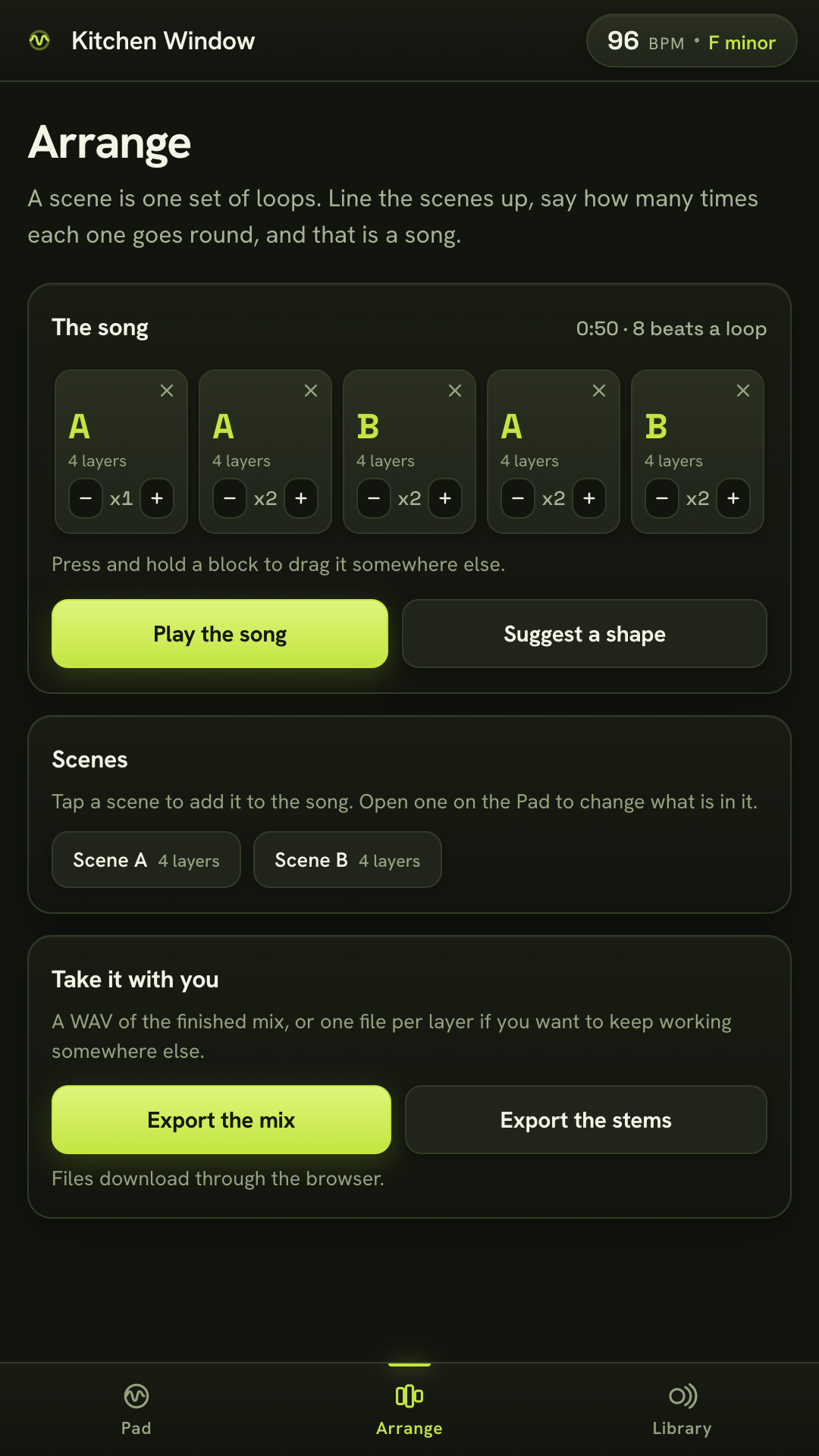The arrange screen with a row of scene blocks, each with a repeat count