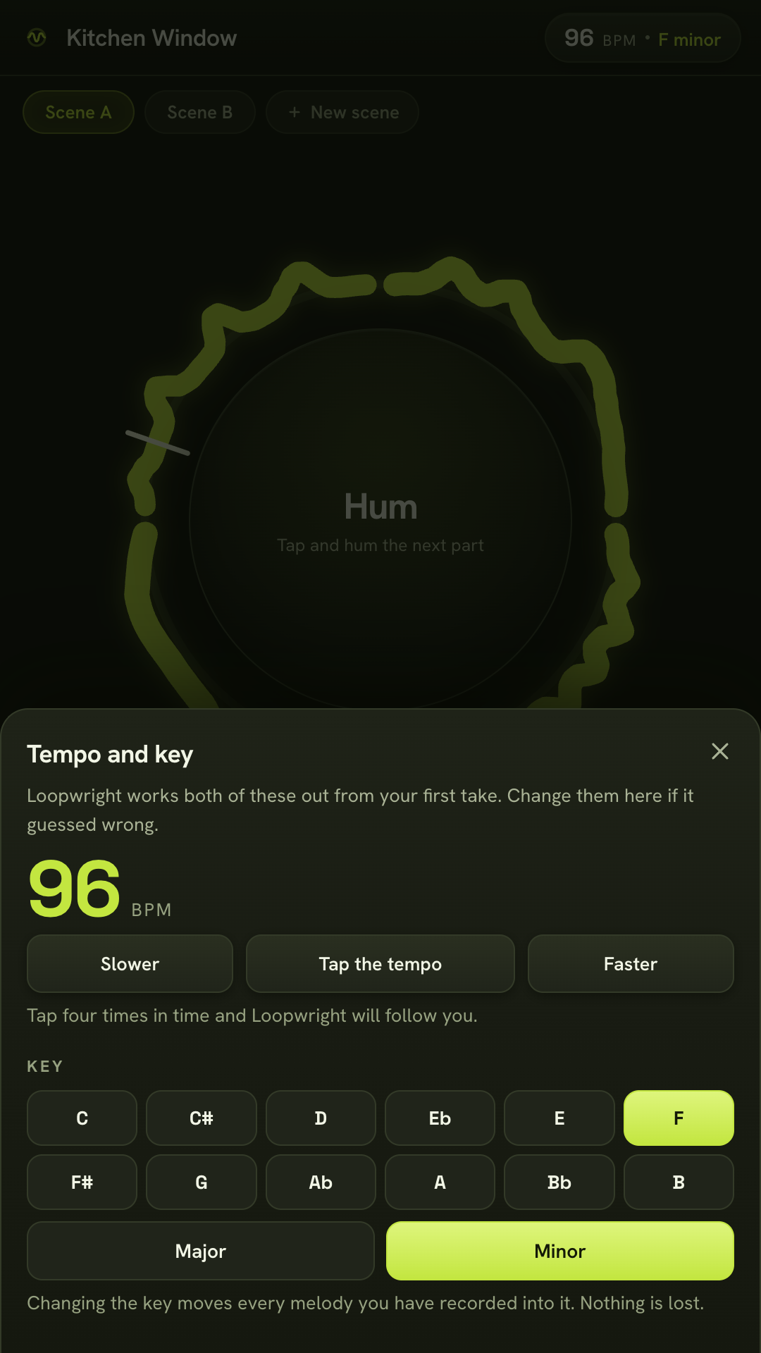 The tempo and key sheet with a large tempo readout and a grid of twelve keys