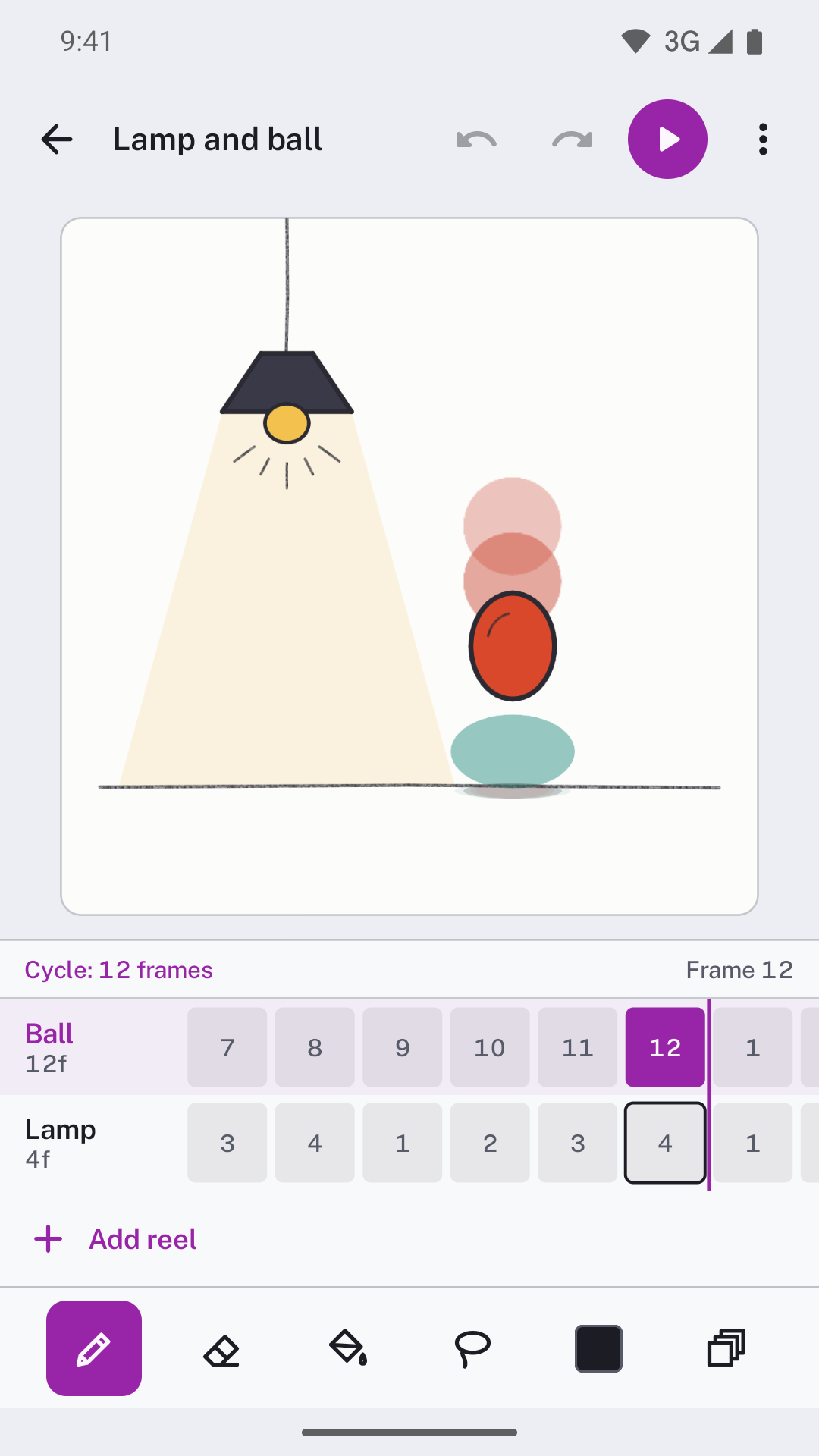 The Mutoscope editor: a hanging lamp and a bouncing ball, a 12-frame Ball reel over a 4-frame Lamp reel, and the orchid cycle marker after frame 12