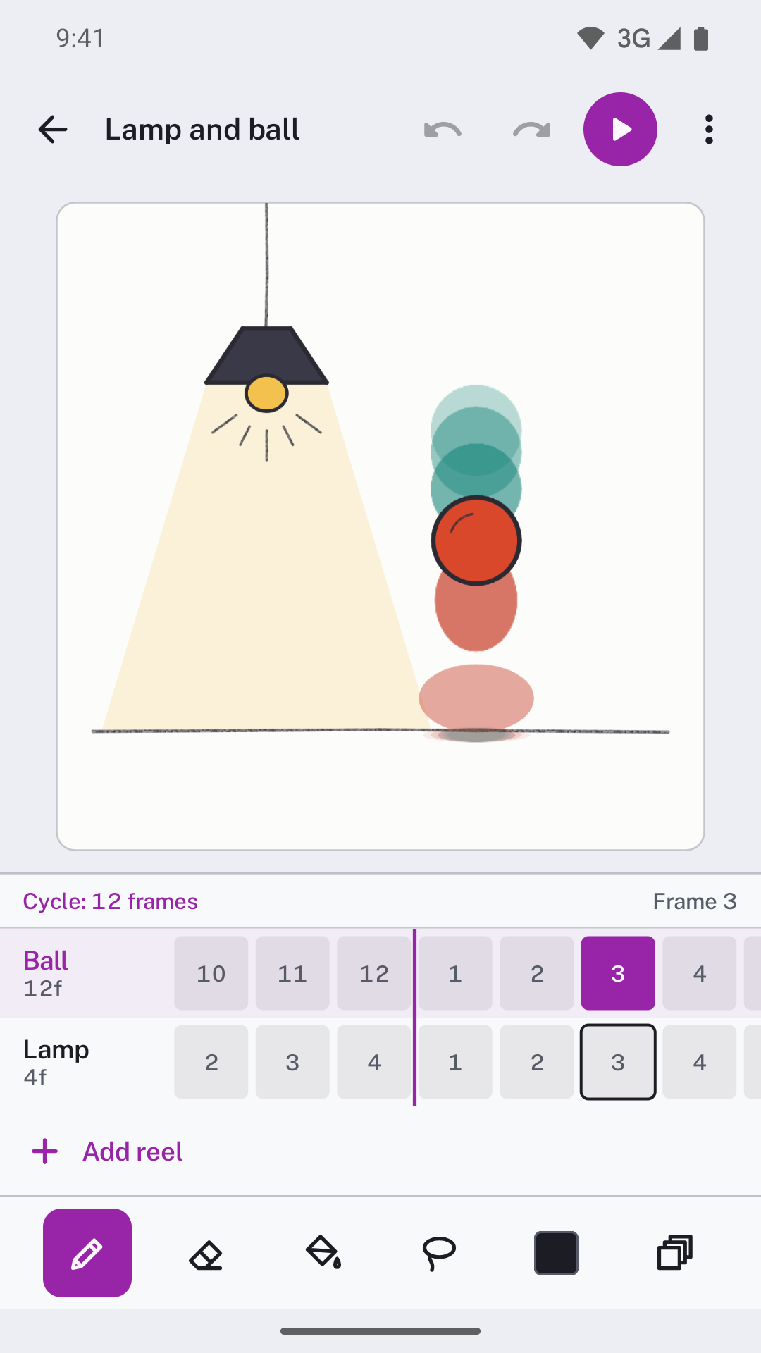 Onion skin on the bouncing ball: the frames behind in red below it and the frames ahead in teal above it