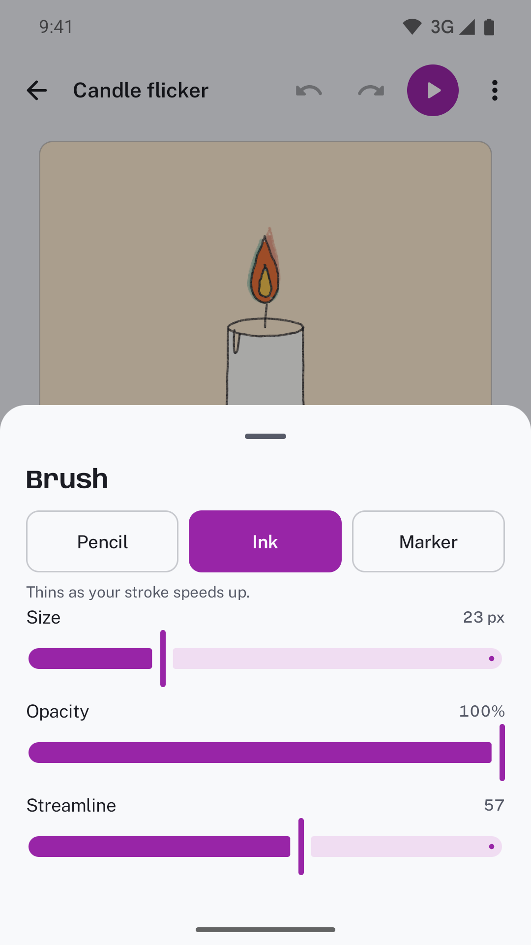 The brush sheet over the candle drawing, with Ink selected at 23 px and streamline at 57