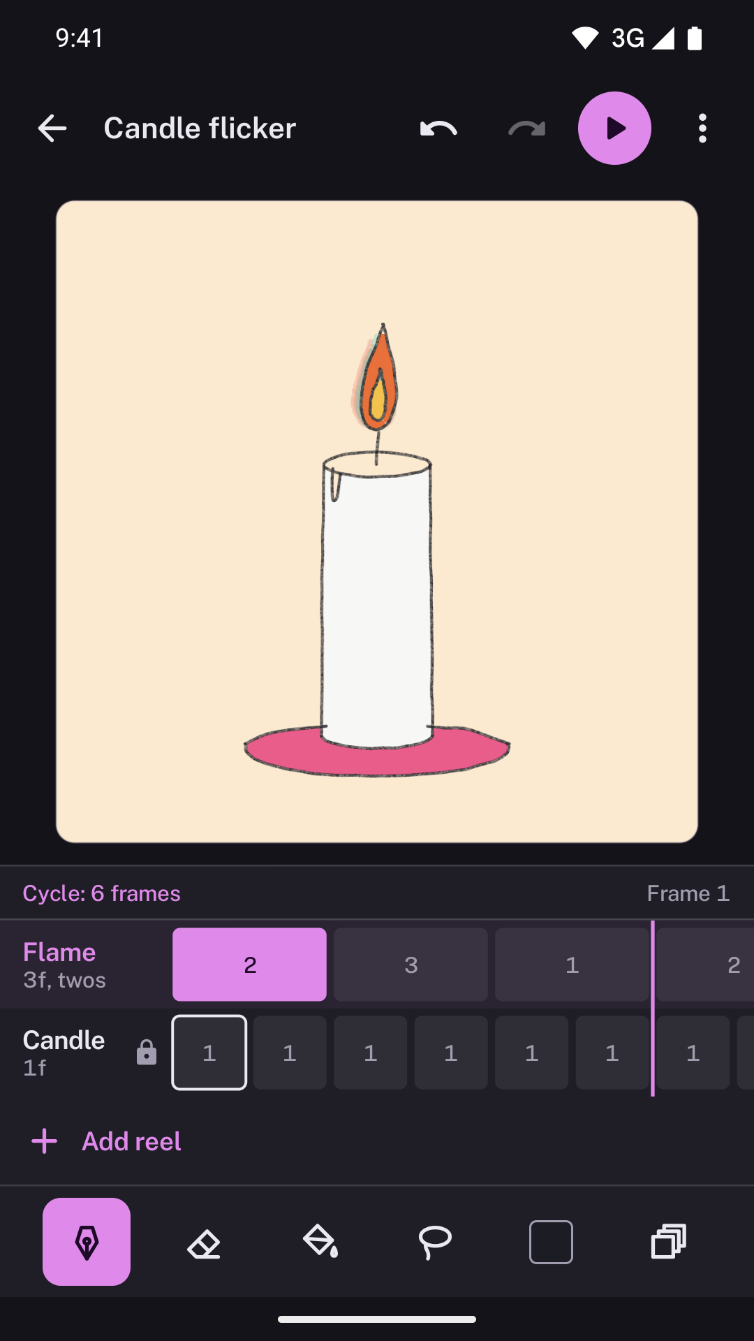A candle drawn on manila paper in dark mode, with a 3-frame Flame reel held on twos and starting on frame 2 over a locked Candle reel