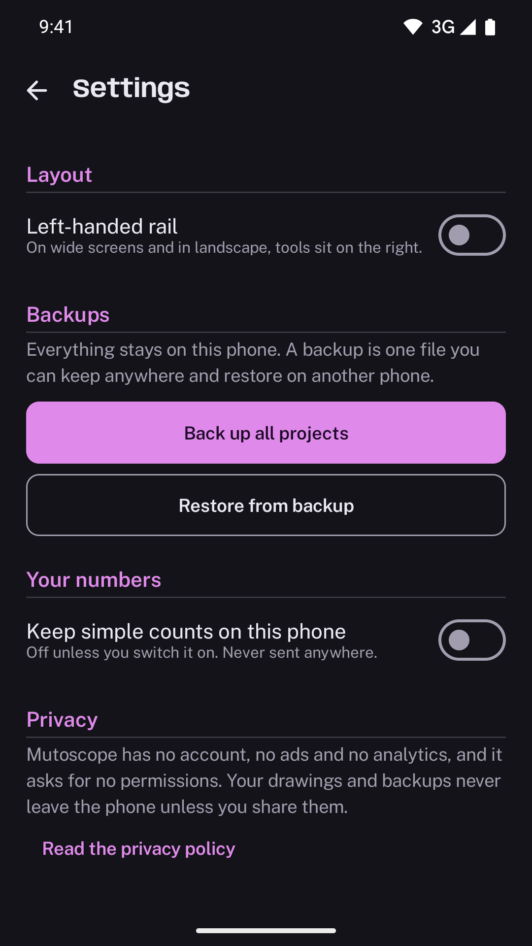Mutoscope settings in dark mode: Back up all projects, Restore from backup, and a privacy note saying the app has no account, no ads and no analytics