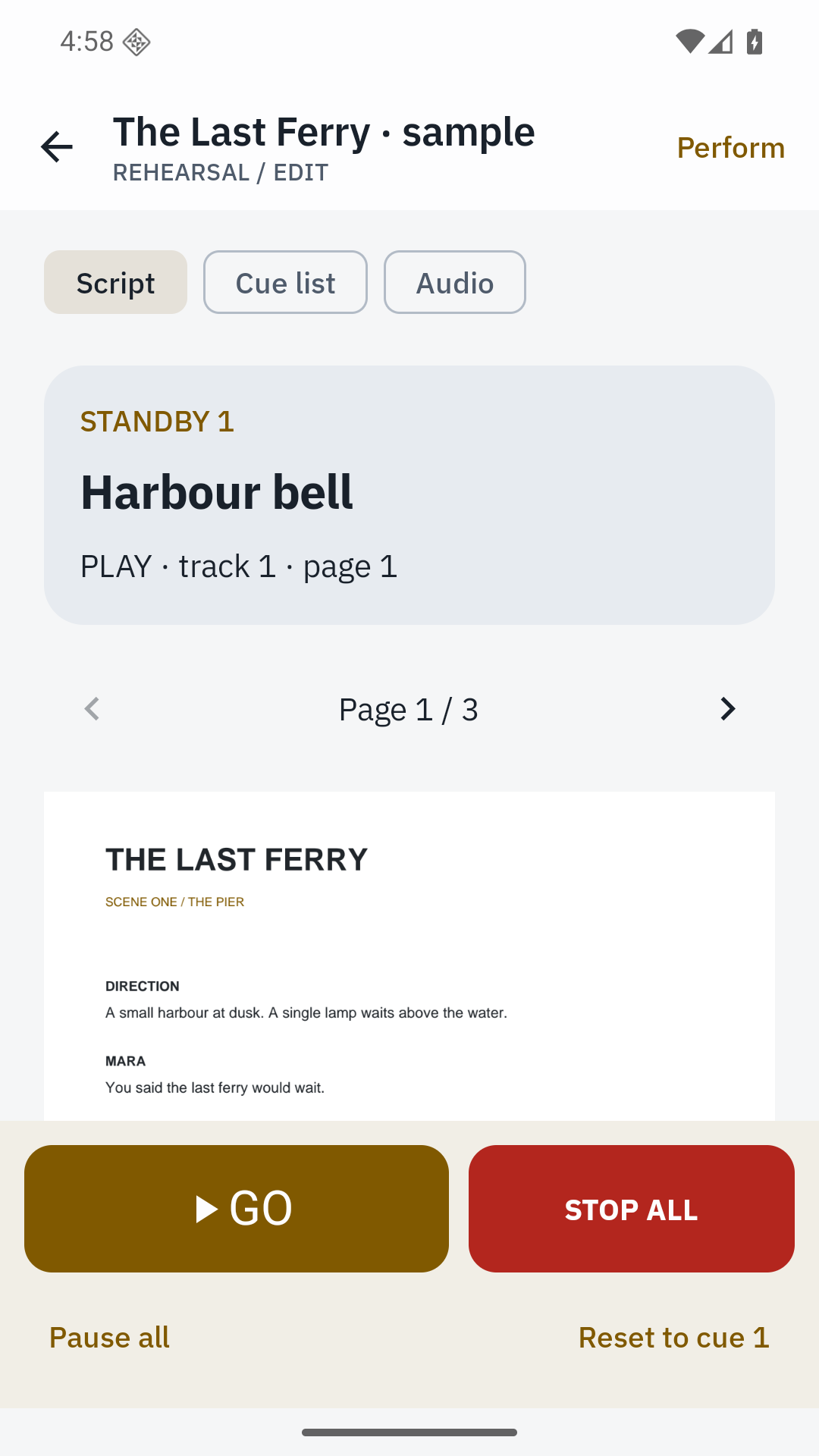 Cues on the script in Cuefolio