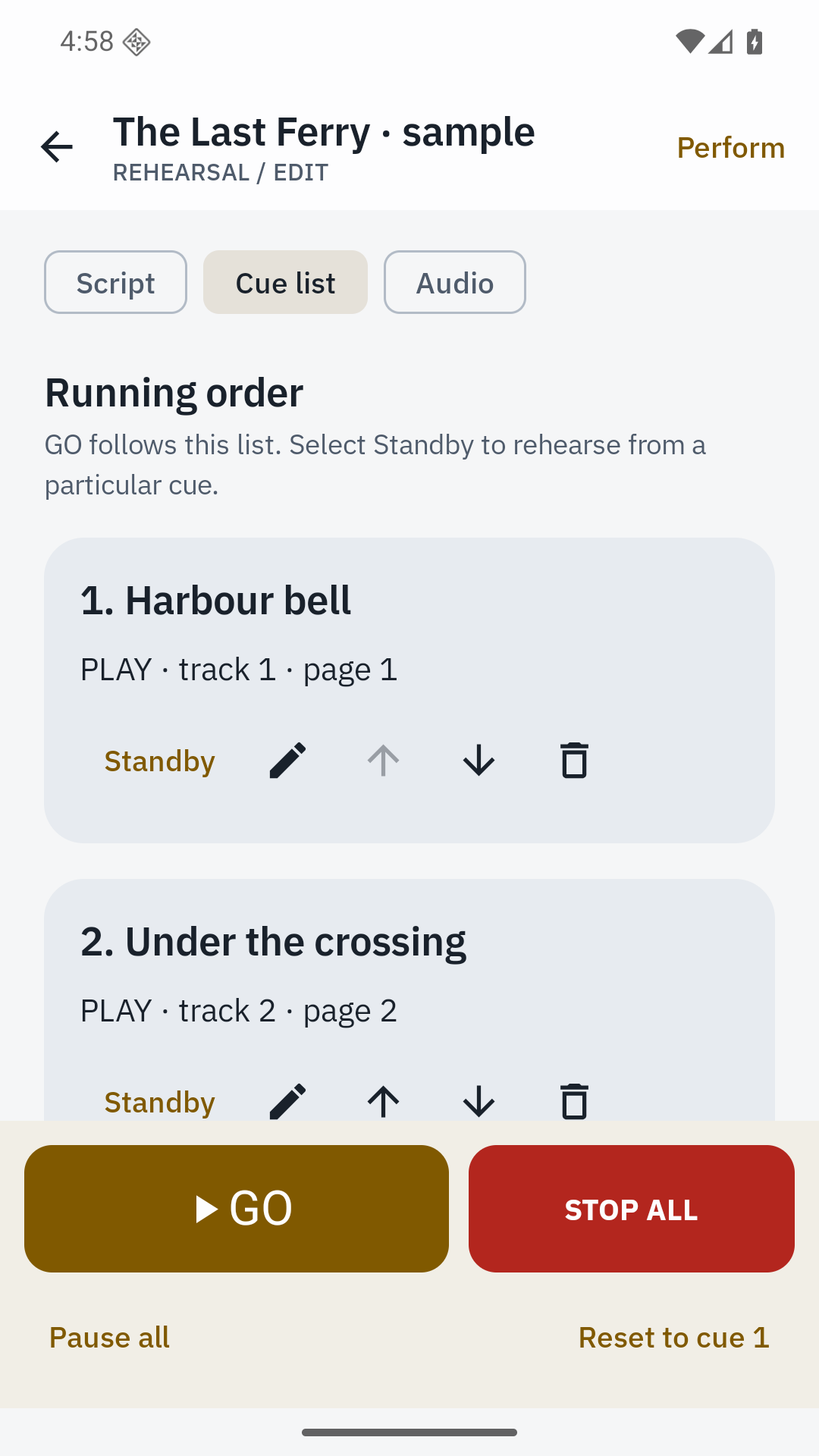 A clear running order in Cuefolio