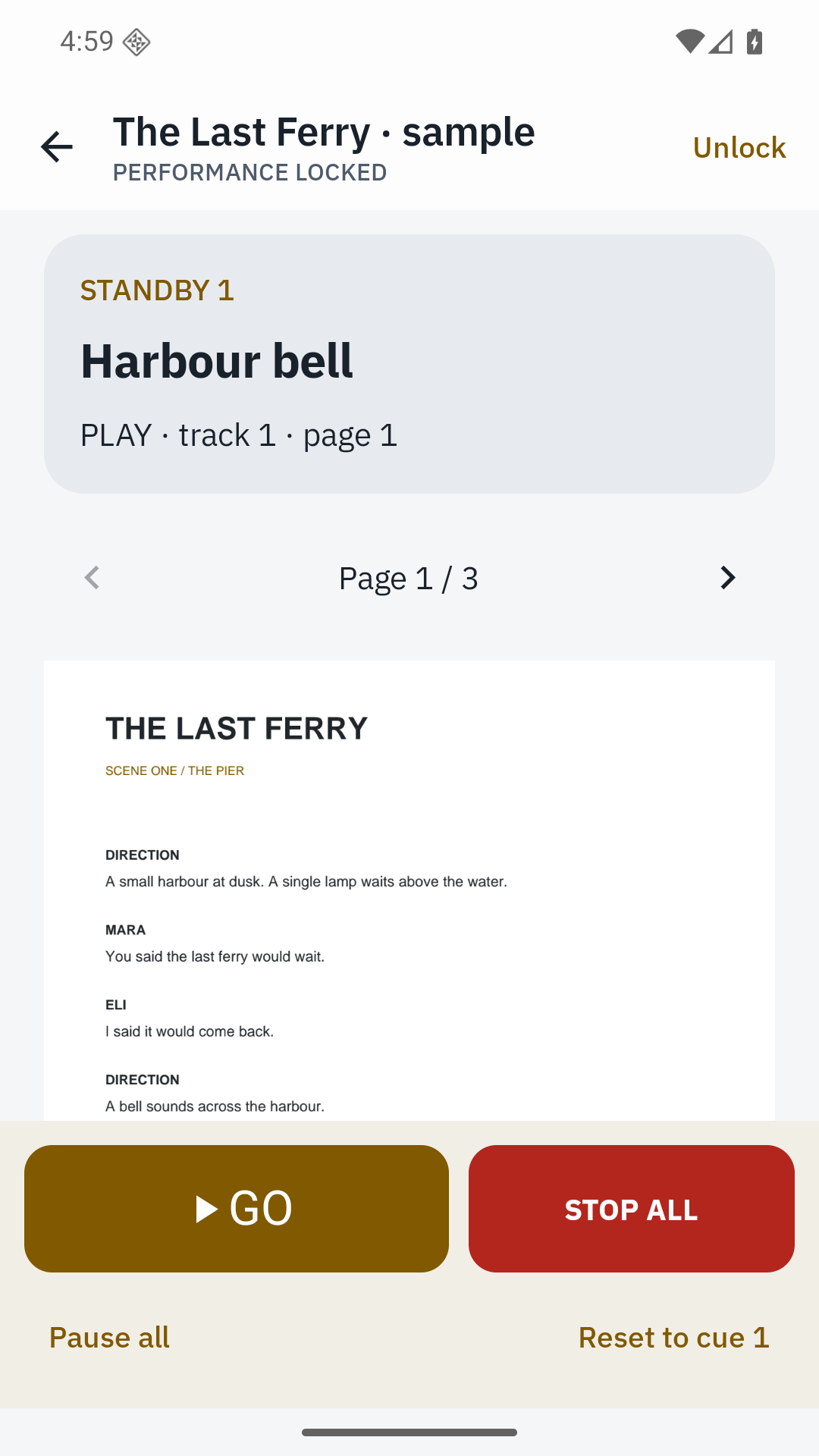 Working Cuefolio app screen