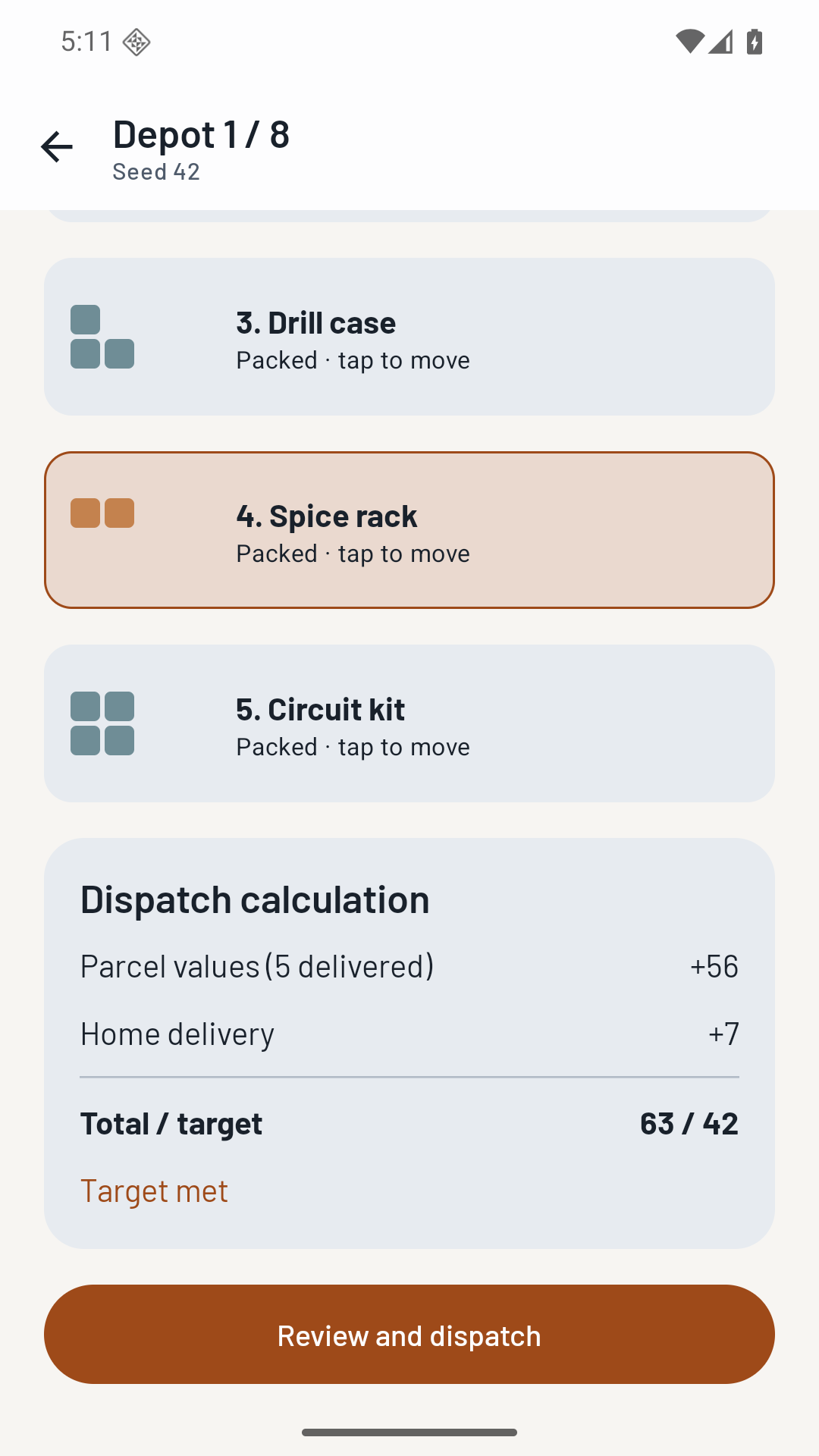Know your score before dispatch in Parcel Gambit