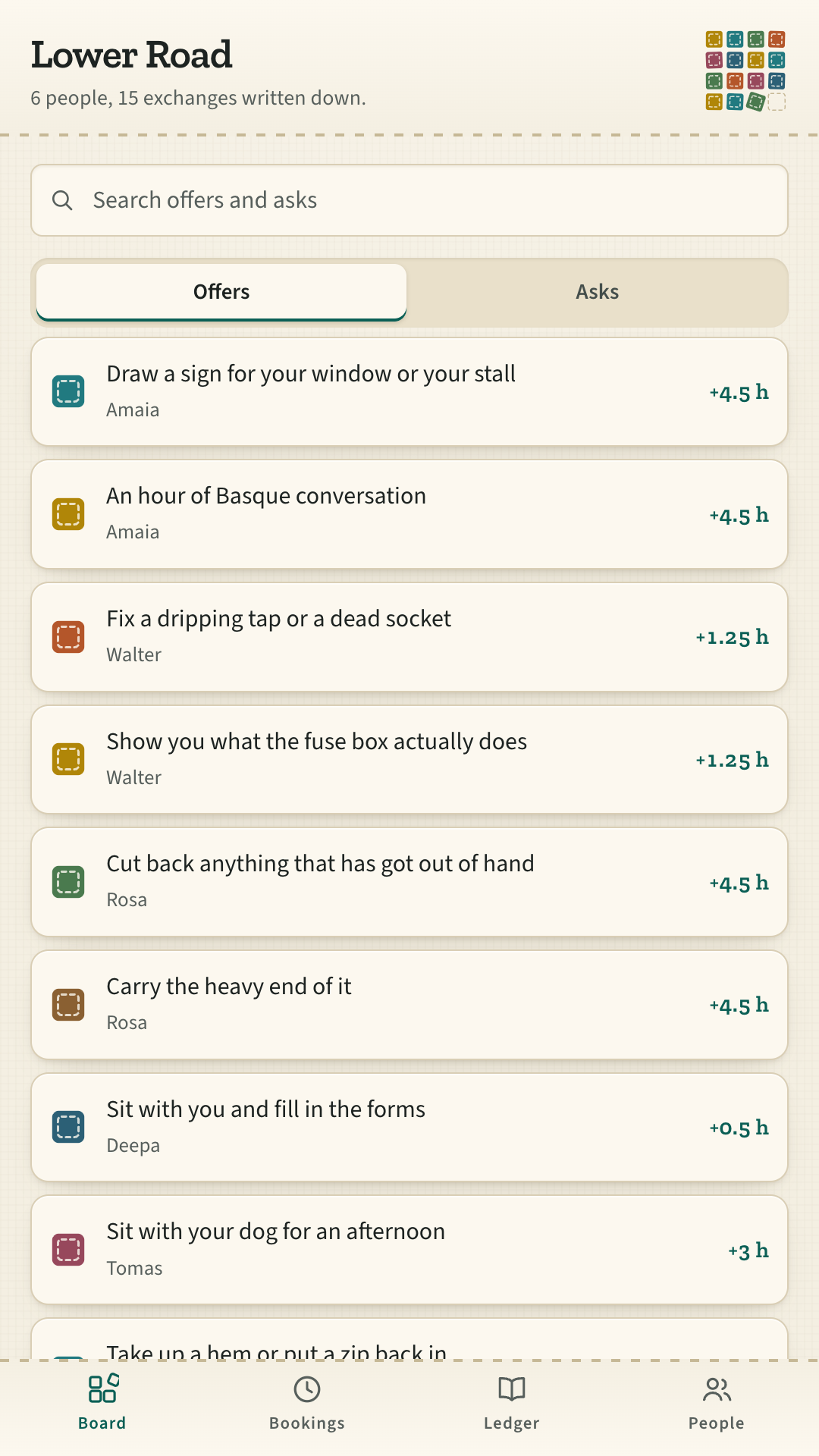 The board: offers listed with a colour for each kind of help.