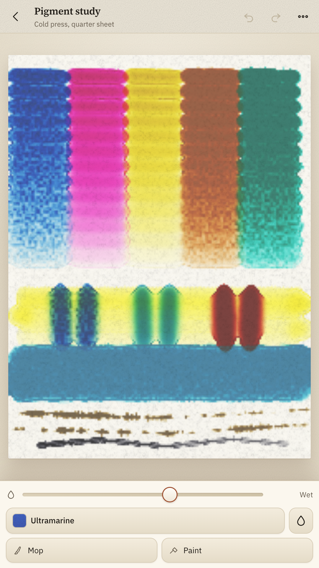 The studio screen: a pigment study of five graded washes, a mixing bar and a drybrush passage, with the water slider set to Wet.