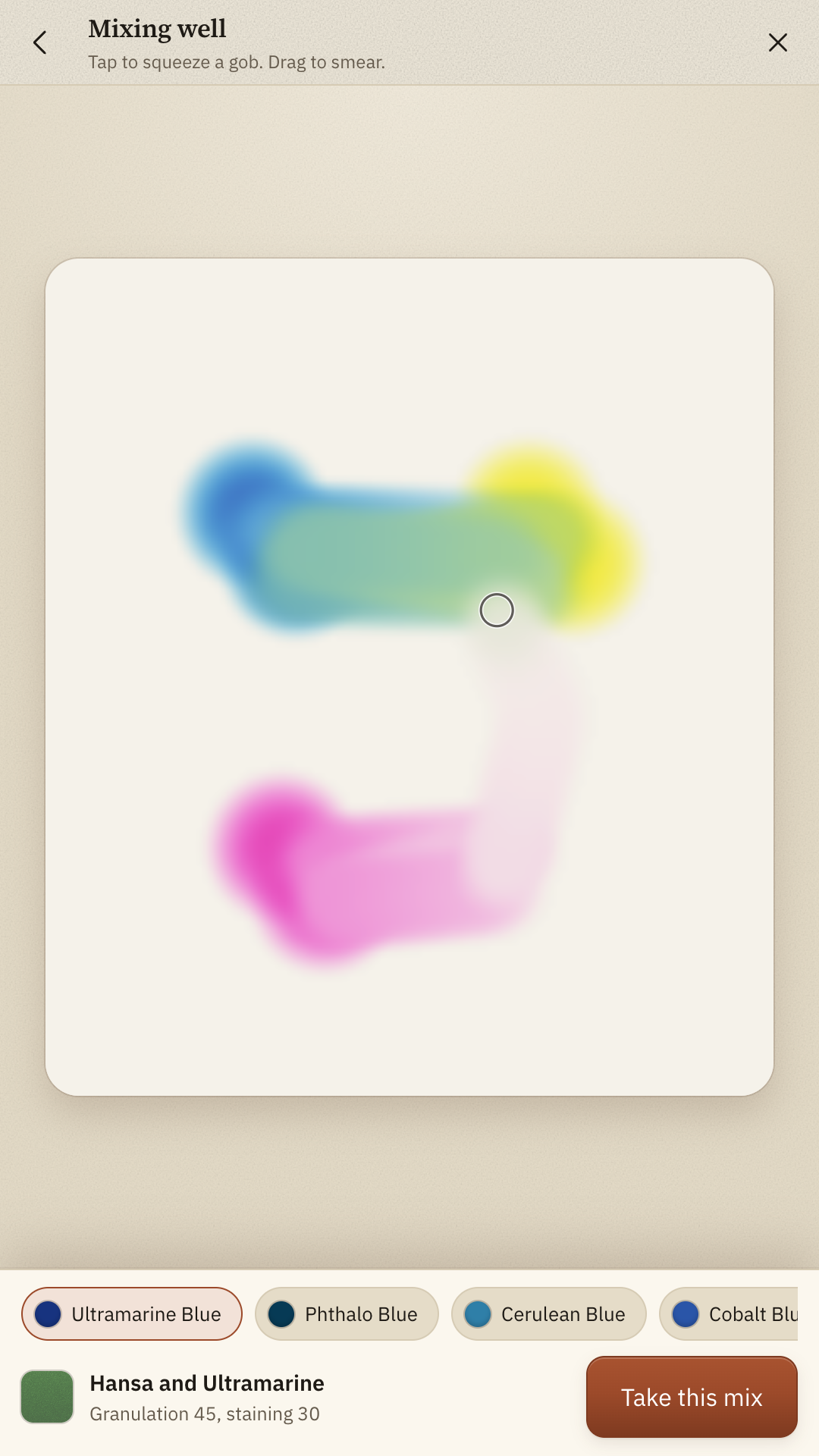The mixing well: a blue gob smeared into a yellow gob, producing a green band, with the resulting mix named and measured underneath.