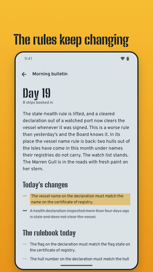 Store screenshot: the morning bulletin with one rule highlighted and one struck out