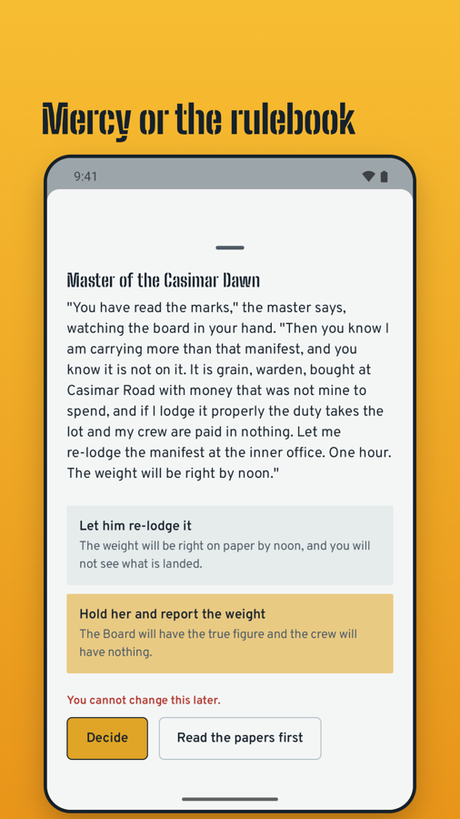 Store screenshot: the master of the Casimar Dawn asks to re-lodge his manifest