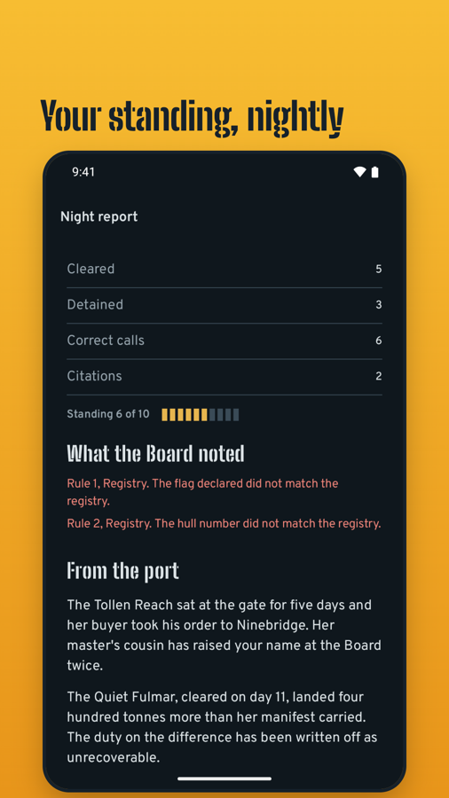 Store screenshot: the night report with calls, citations and standing