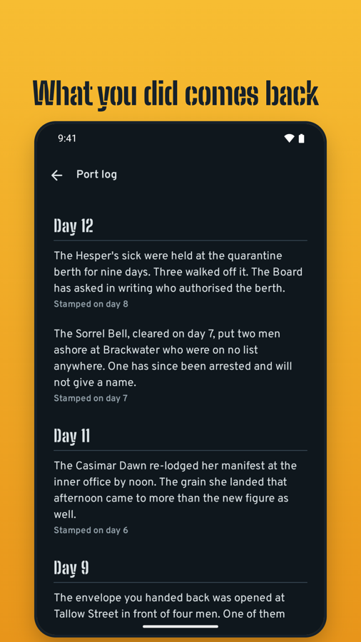Store screenshot: the port log listing what your stamps and choices led to