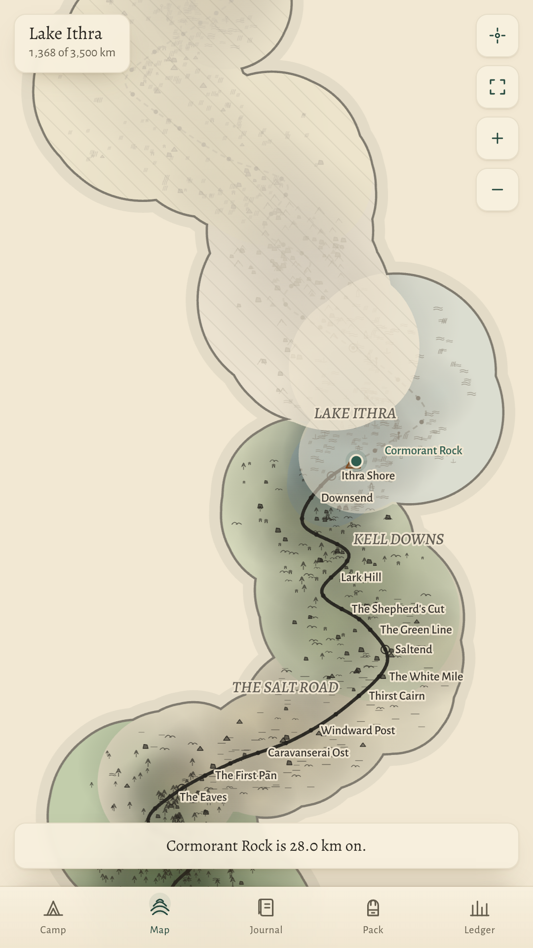 The map of Elsewhere, with the walked road inked in and the ground ahead under cartographer's fog
