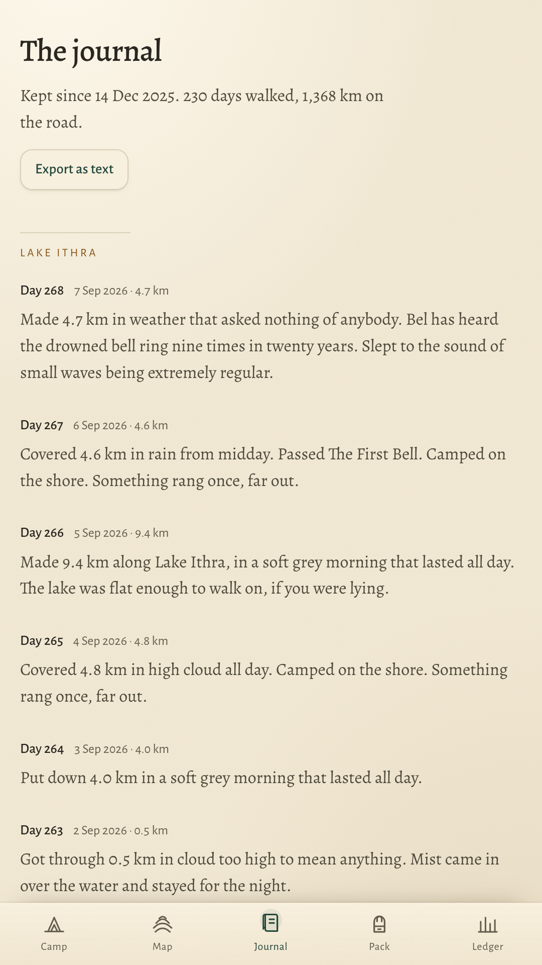The journal, a travelogue of days and distances