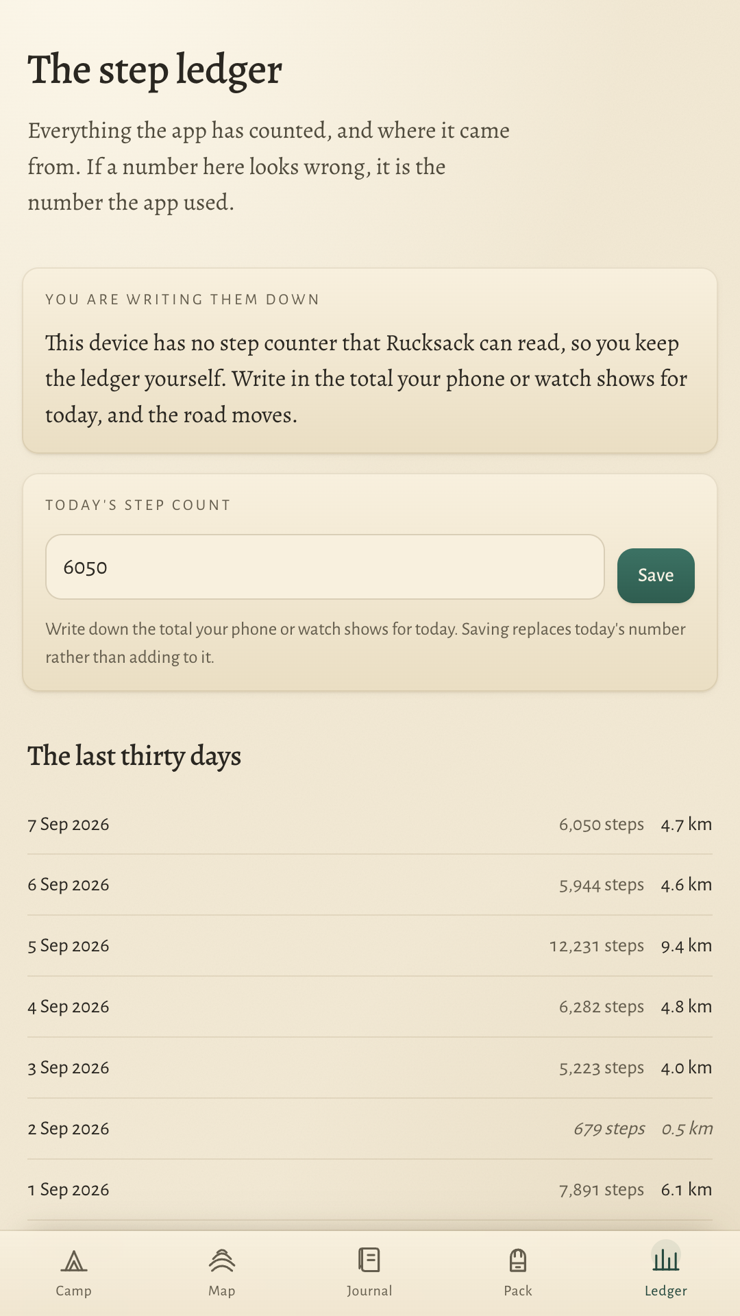 The step ledger, listing every day the app has counted